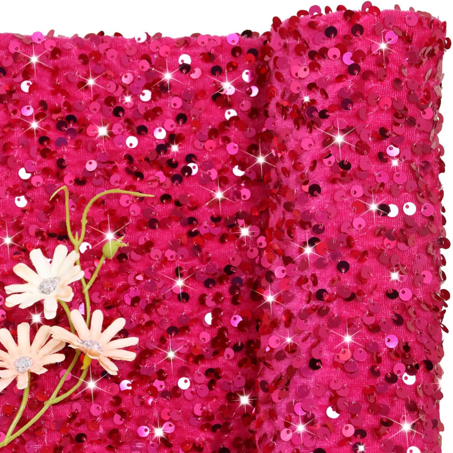 ROMANKAS The Yard – Tela de terciopelo rosa intenso de 2 yardas para coser, tela de lentejuelas brillantes, material de purpurina de sirena, tela