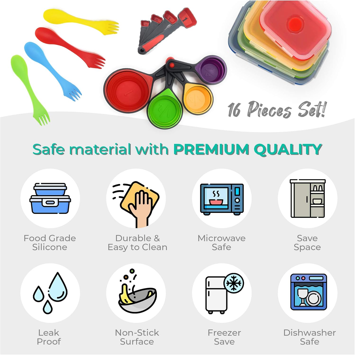 Contenedores plegables de silicona para almacenamiento de alimentos, juego de 16 piezas con tapas hechas por Silictek, tazas medidoras de viaje de