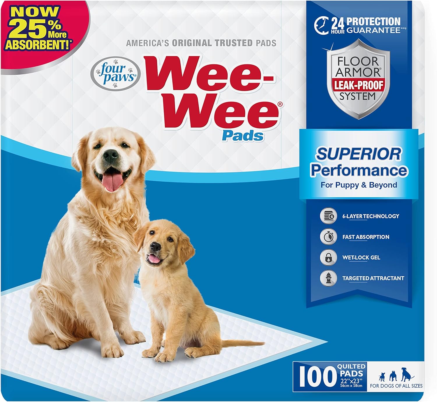 Four Paws Wee-Wee Tapetes entrenadores para perros y cachorros, rendimiento superior, 22 x 23 pulgadas (100 unidades)