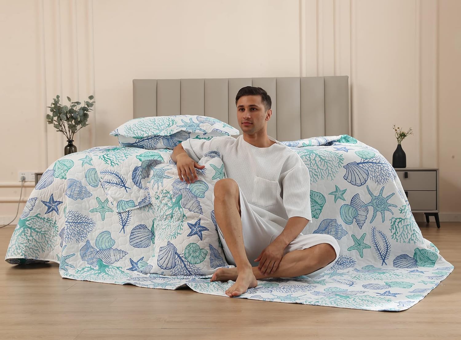 Ycosy Juego de edredón de playa costera de 3 piezas, tamaño matrimonialqueen, juego de ropa de cama con temática oceánica, color azul y verde,