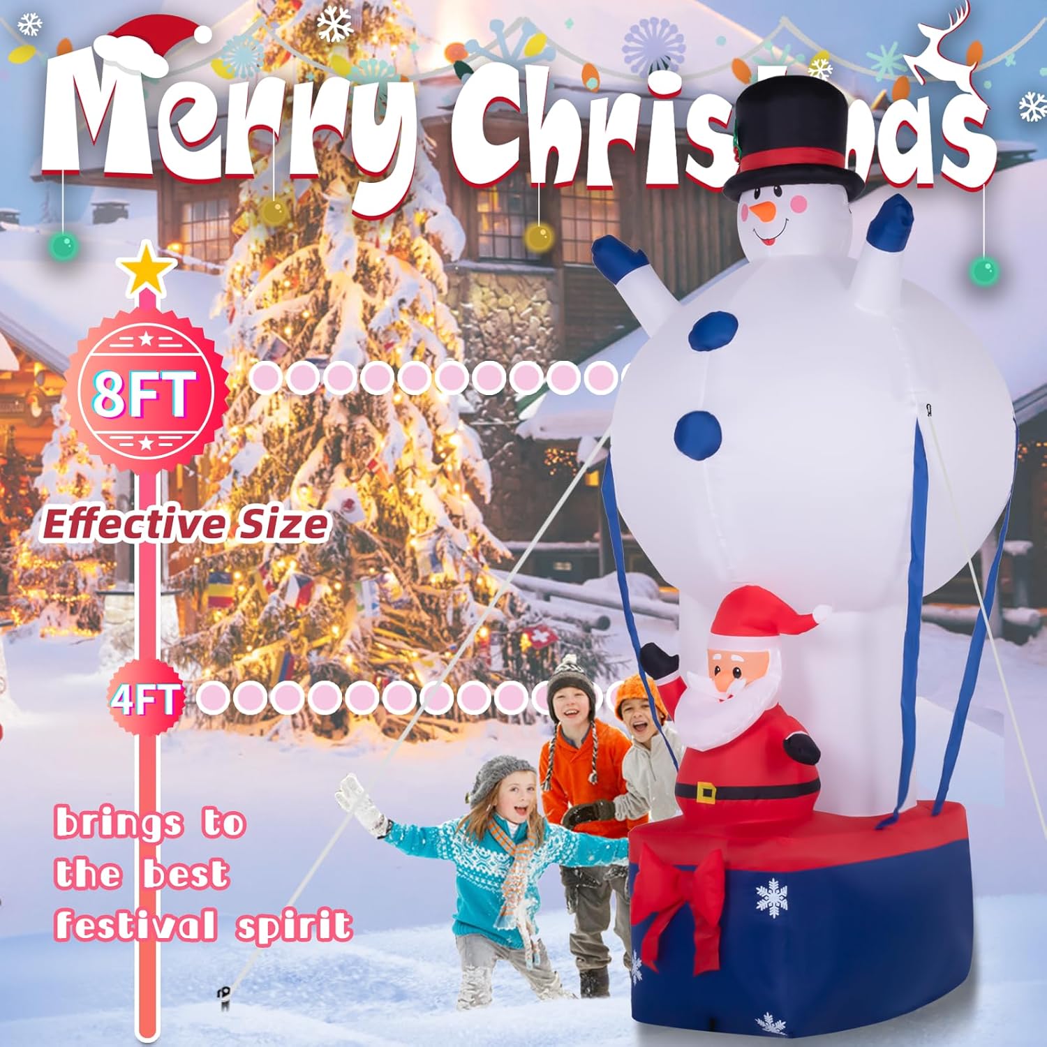 Decoración inflable de Navidad de 8 pies  Globo de aire caliente con muñeco de nieve con Papá Noel inflables de Navidad integrados en LED de arco