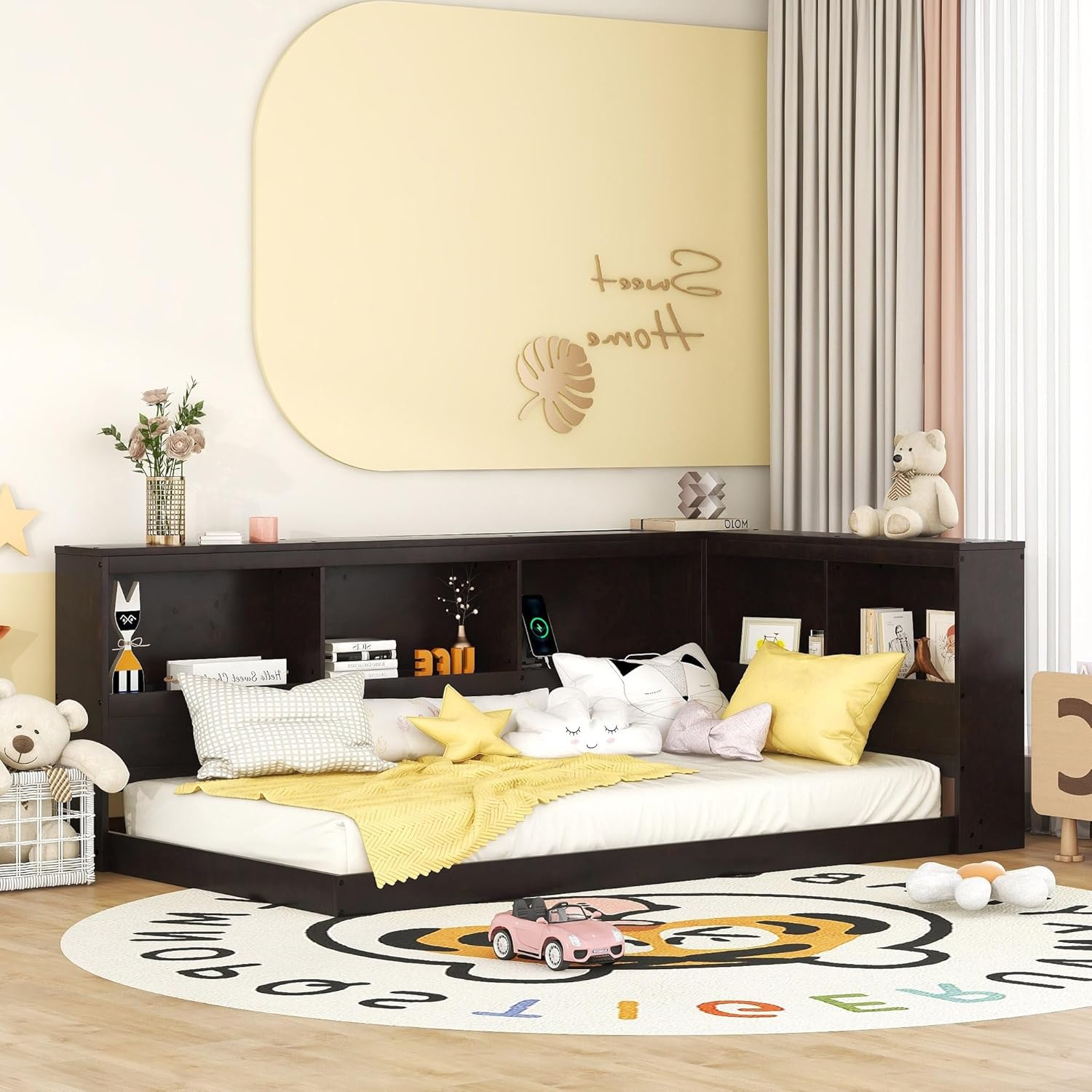 Sofá cama con cabecera de estantería, marco de cama esquinero de tamaño individual con estación de carga, cama de plataforma de madera con