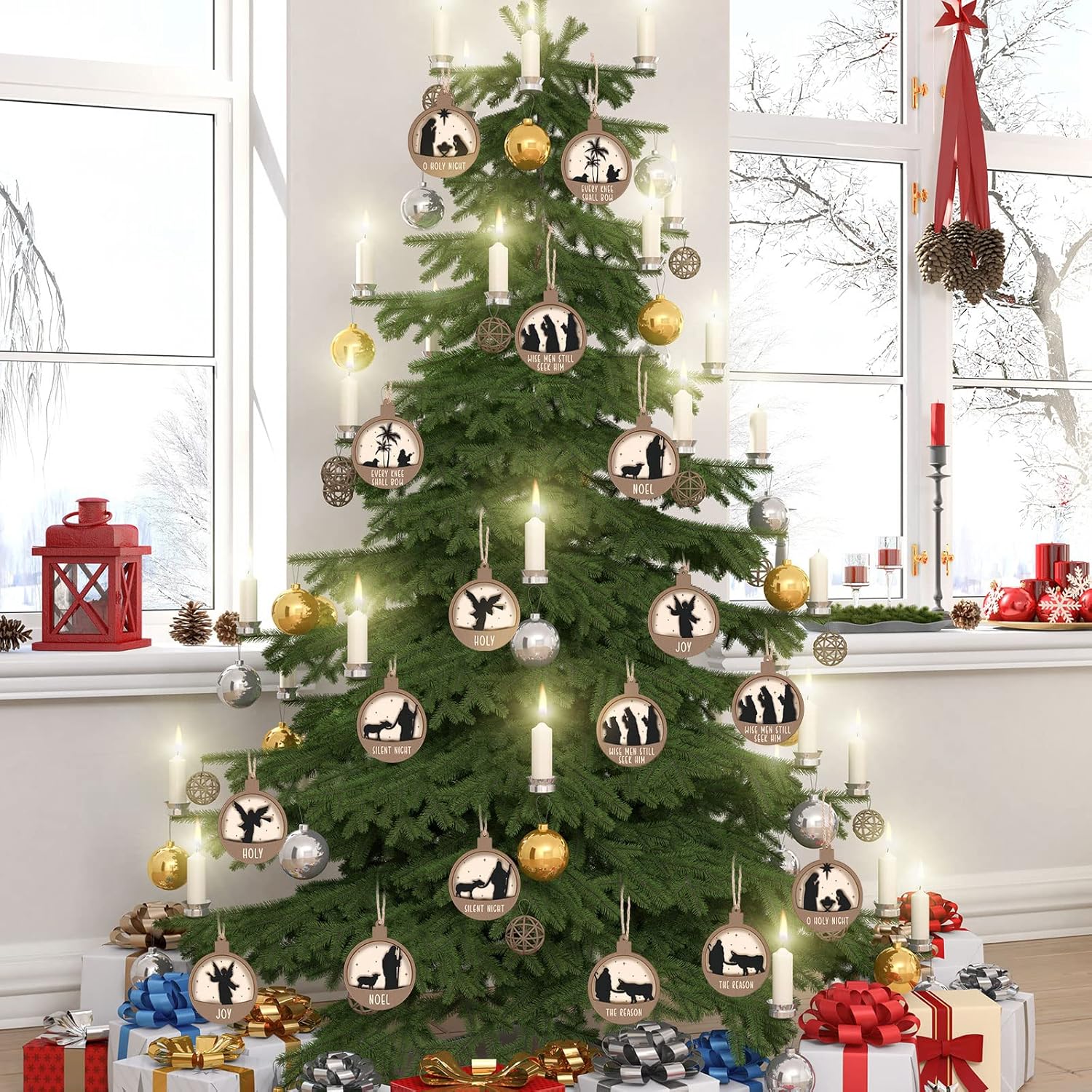 Adornos de Navidad cristianos en 3D, adorno religioso para colgar en madera para árbol de Navidad, adornos de madera vintage con temática del