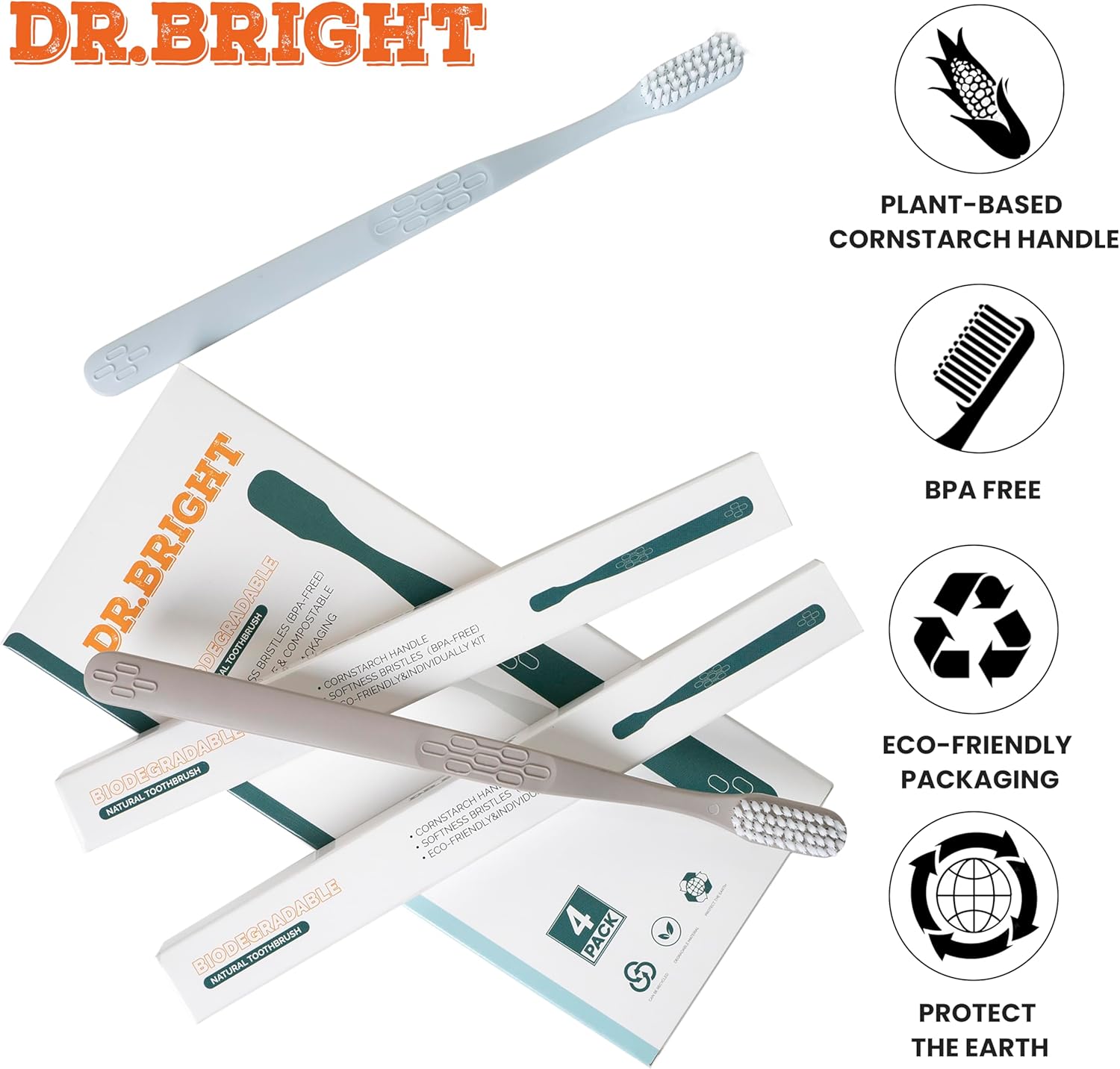 DR.BRIGHT Cepillo de dientes ecológico natural, cepillo de dientes biodegradable, cepillos de dientes reciclables, verde y compostable, embalaje