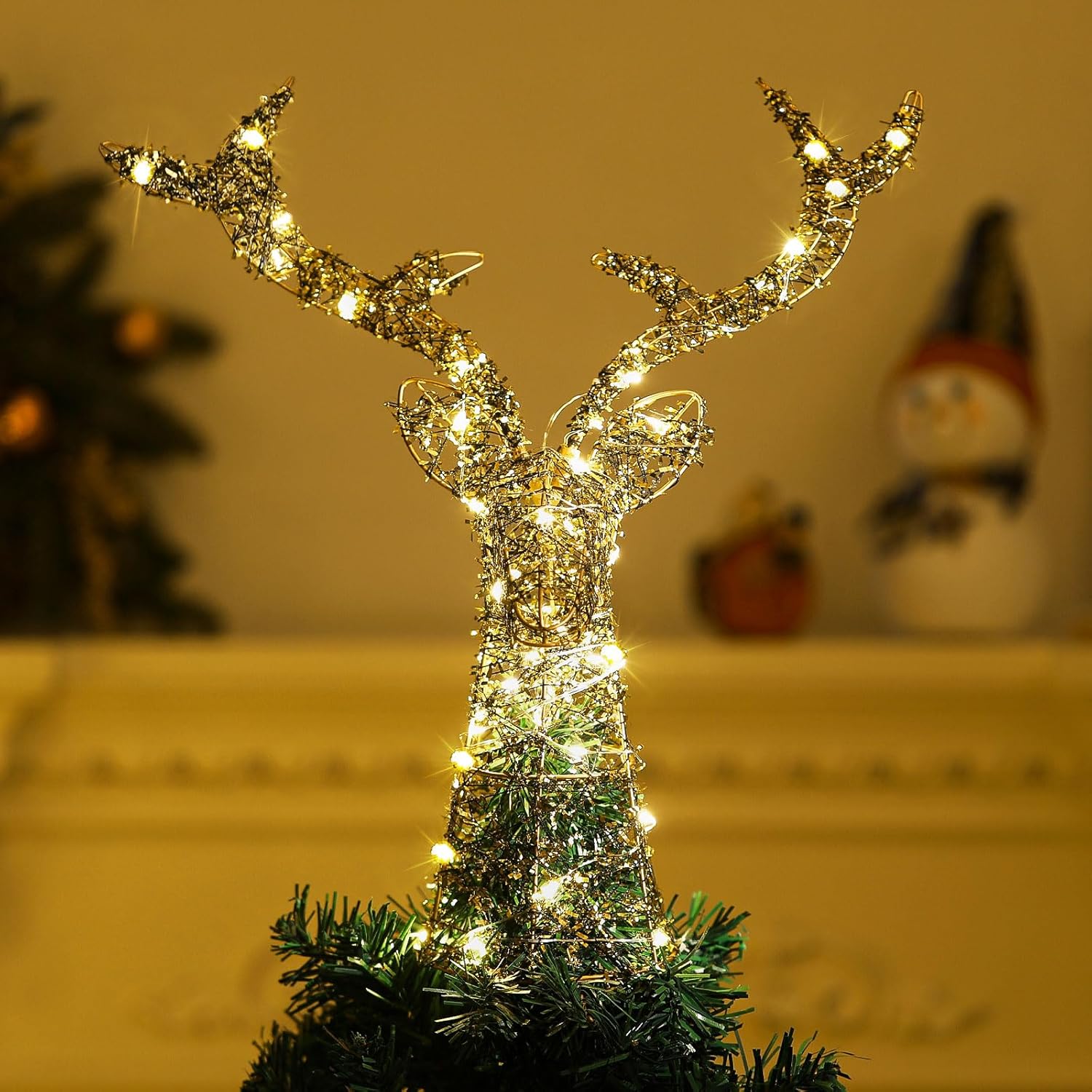 Shinowa Decoración para árbol de Navidad, decoración de árbol de ciervo, funciona con pilas, decoración de árbol de Navidad con temporizador de 6