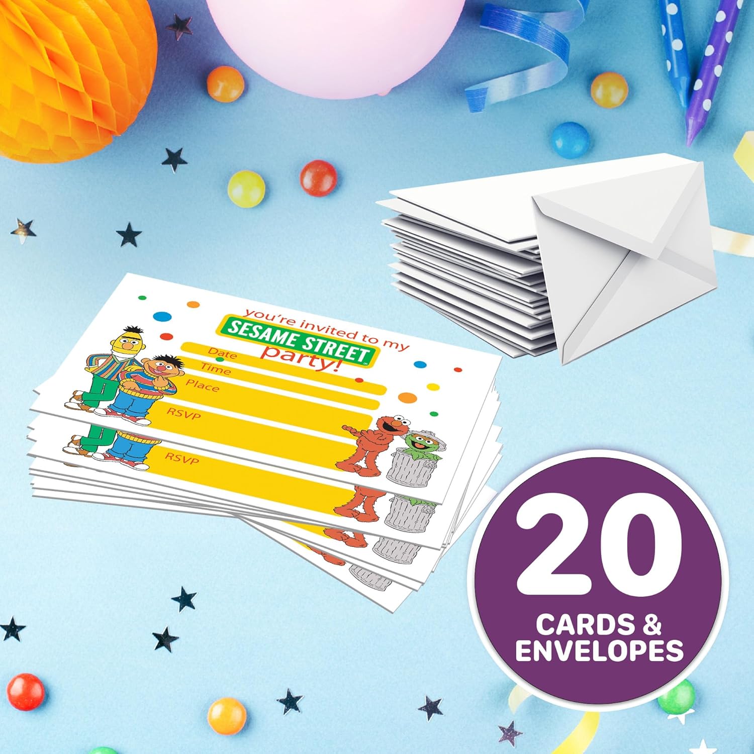 NATURAL BEHAVIOUR 20 invitaciones y sobres de cumpleaños de Plaza Sésamo  Invitaciones de fiesta de feliz cumpleaños para niños, 6 x 4 pulgadas,