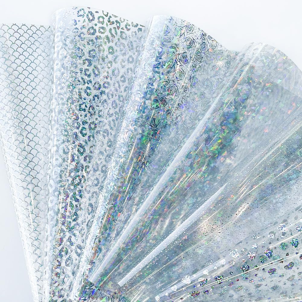 Vinilo adhesivo holográfico permanente, 16 hojas de 12 x 12 pulgadas, película transparente iridiscente impermeable con moños de flores y patrones