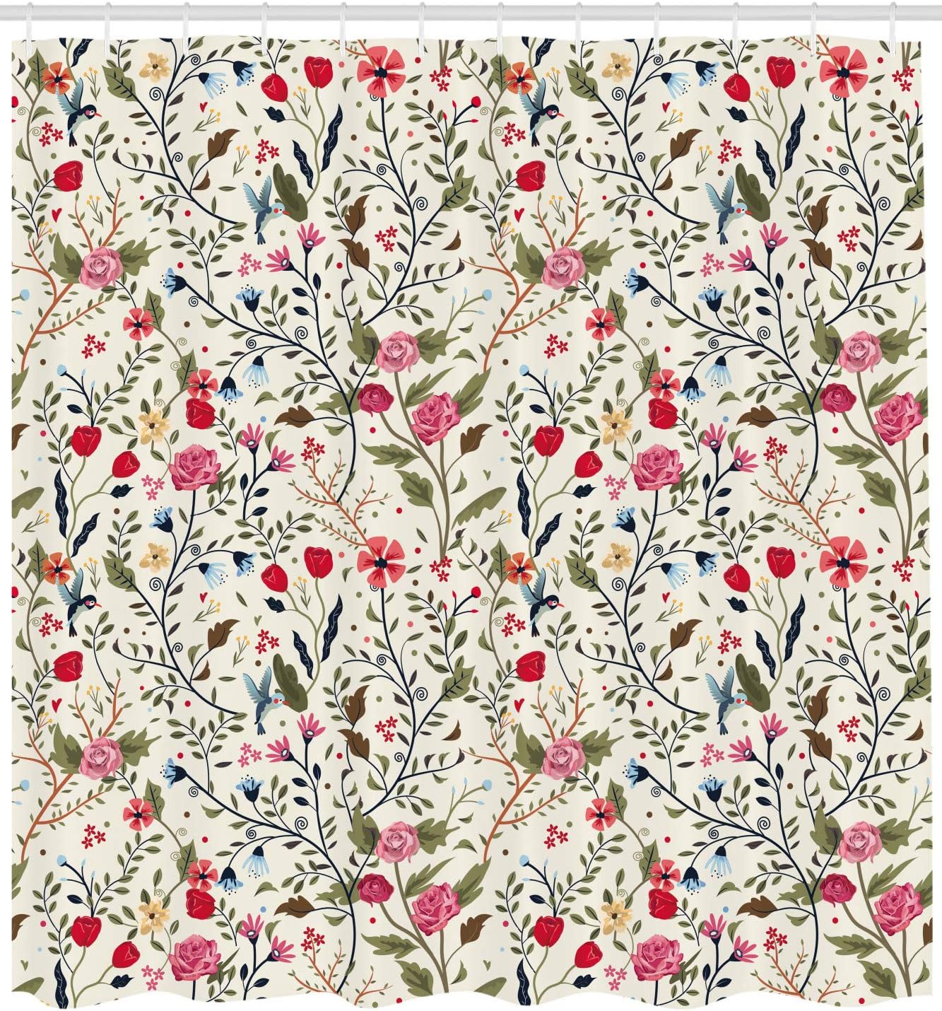 Ambesonne Cortina de ducha floral, imagen compleja de colores vibrantes, pájaros con hojas de rosas y lunares, paisaje natural, juego de decoración