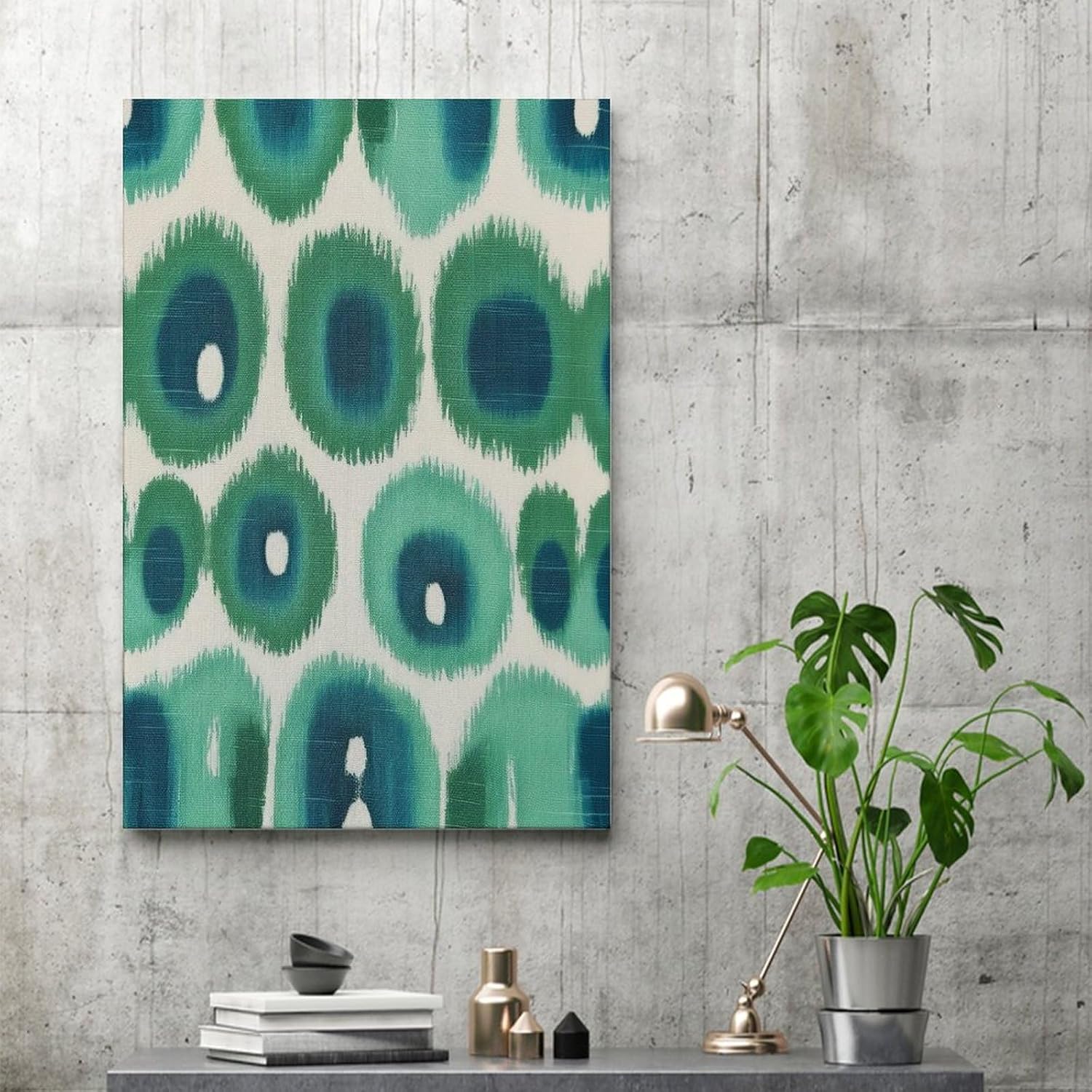 Lienzo decorativo para pared de 16 x 24 pulgadas, estampado de pavo real verde y aguamarina Ikat, arte de pared, tipografía, hogar, oficina,