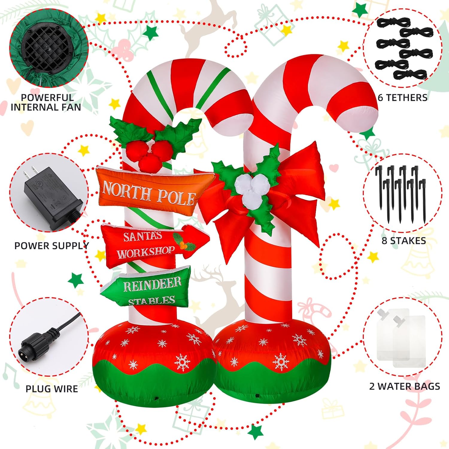 2 piezas inflables de bastón de caramelo de 6 pies para decoración de Navidad, letreros apilables de bastón de caramelo de Navidad, letreros