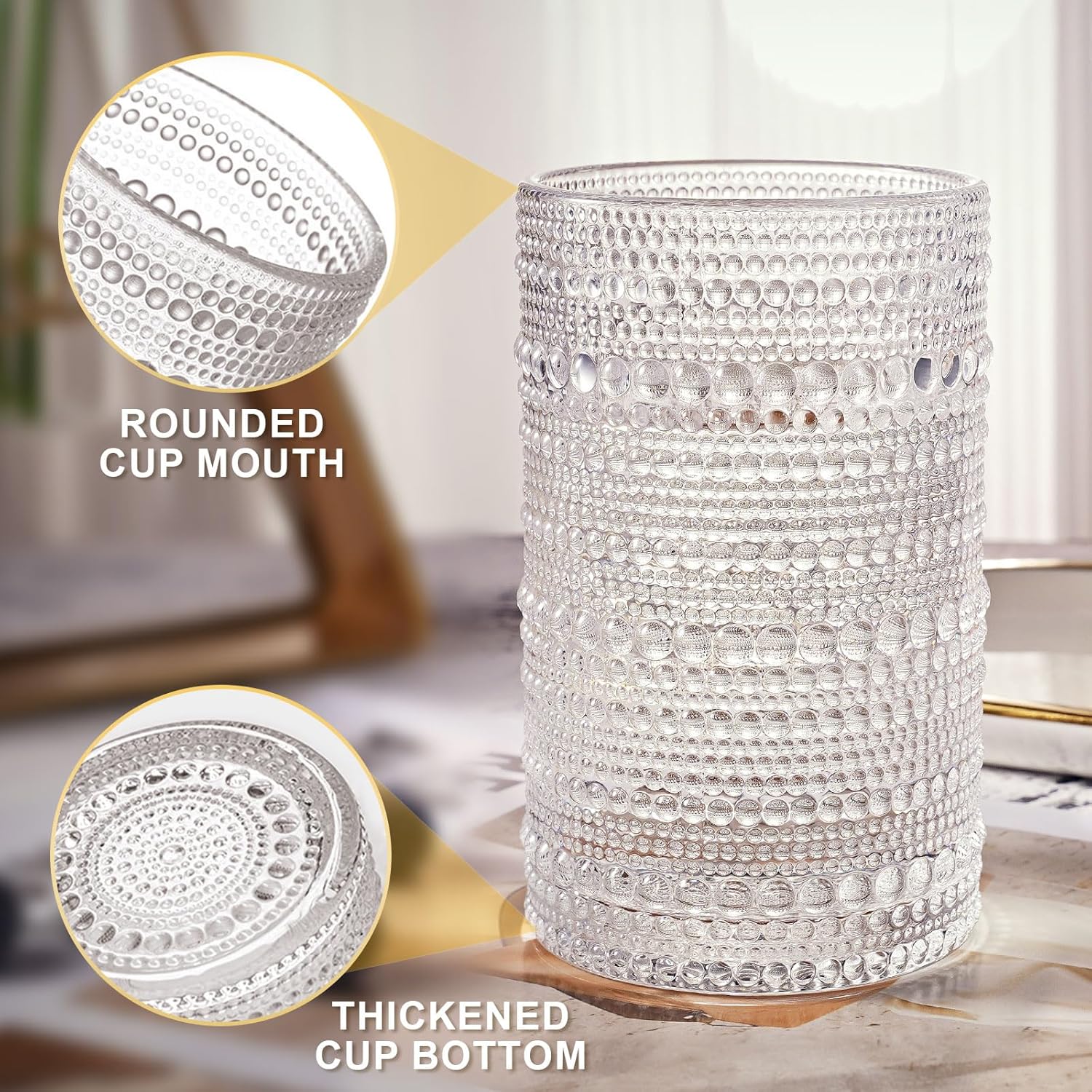 hobnail – Juego de 4 vasos altos de 12 onzas, cristalería vintage a la antigua usanza, agua, cóctel, bebidas de whisky, jugo de leche, regalo para