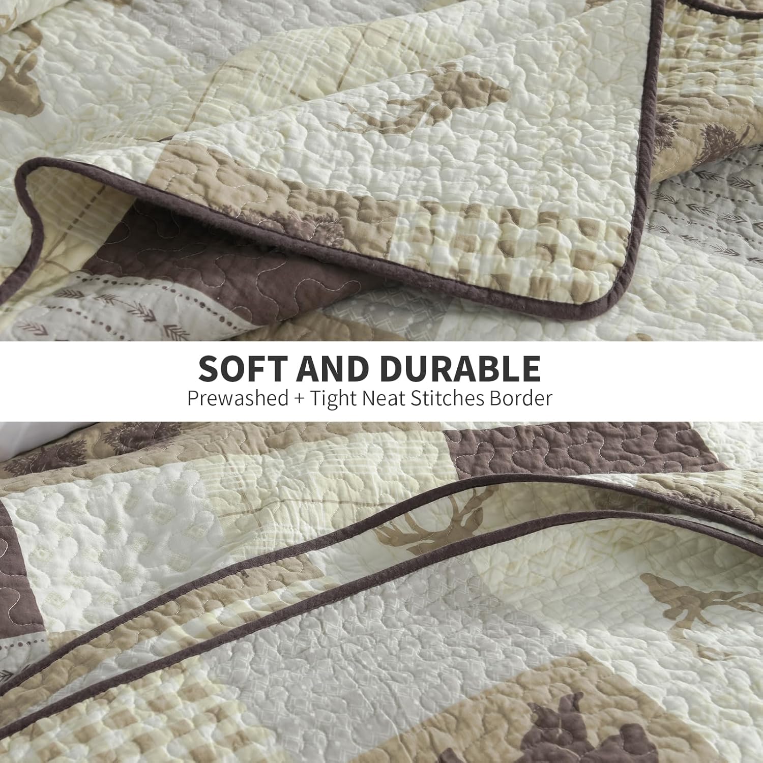 PERHOM Juego de edredón tamaño King  Juego de ropa de cama reversible de 100% algodón, diseño de mosaico marrón, bosque, oso, ciervo, retazos, con 2
