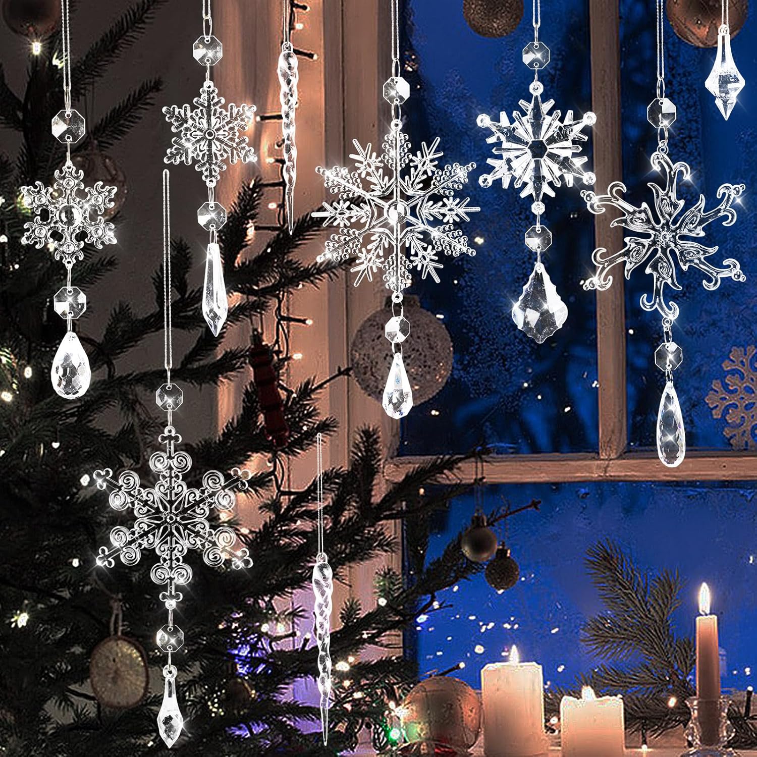 Adornos para árbol de Navidad, 16 piezas de adornos de copo de nieve de cristal, decoraciones colgantes de acrílico carámbanos de copo de nieve,