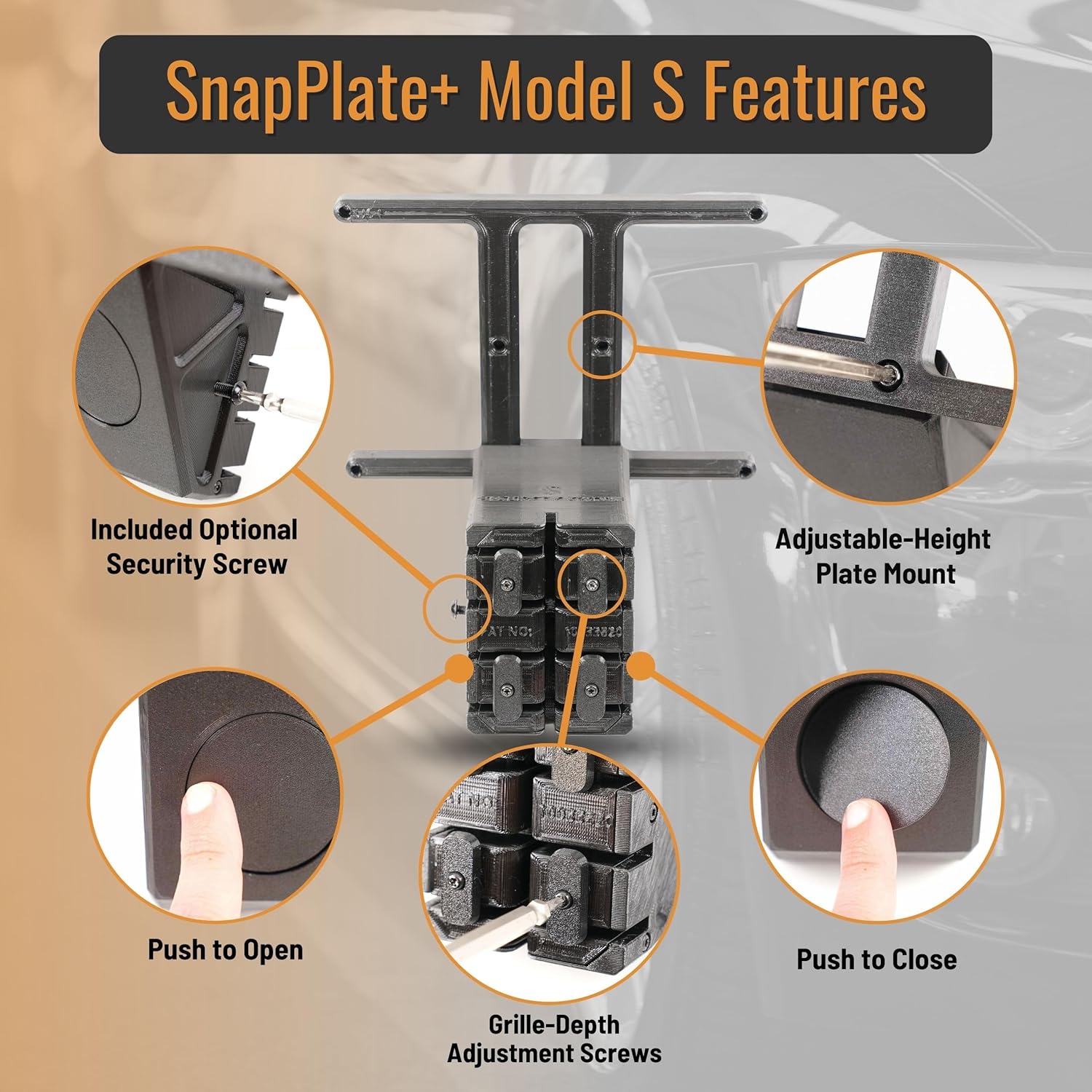 + (Modelo S) Soporte para placa frontal  Fuerza optimizada, antirrobo, extraíble, altura ajustable, fabricado y patentado en Estados Unidos  para