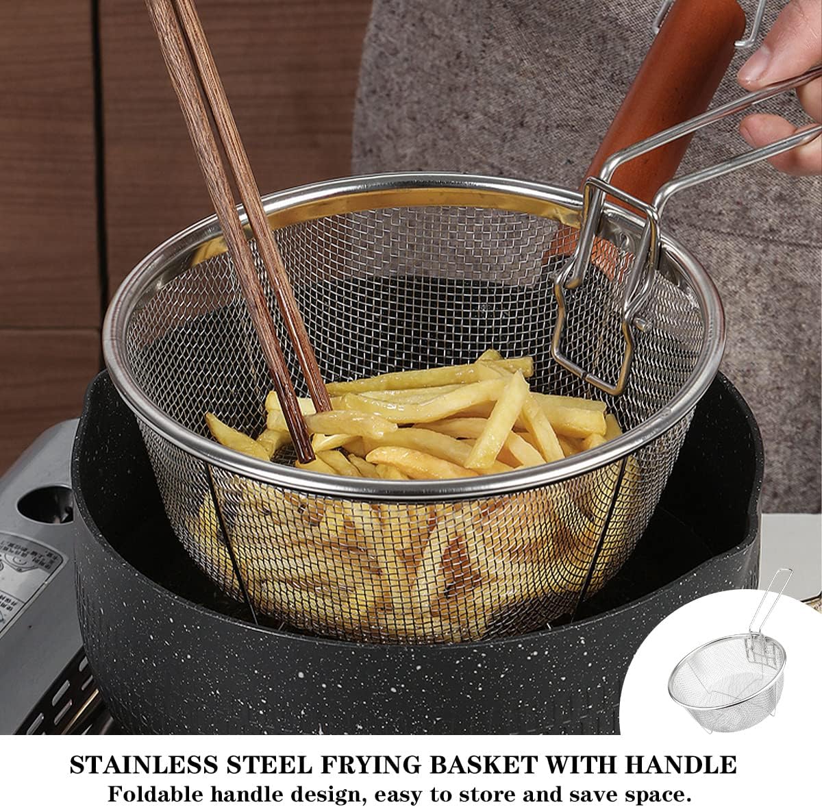 GYOTUU Cesta de acero inoxidable para freír, cesta redonda de malla de alambre para freír chips franceses, cesta multifuncional plegable con asas