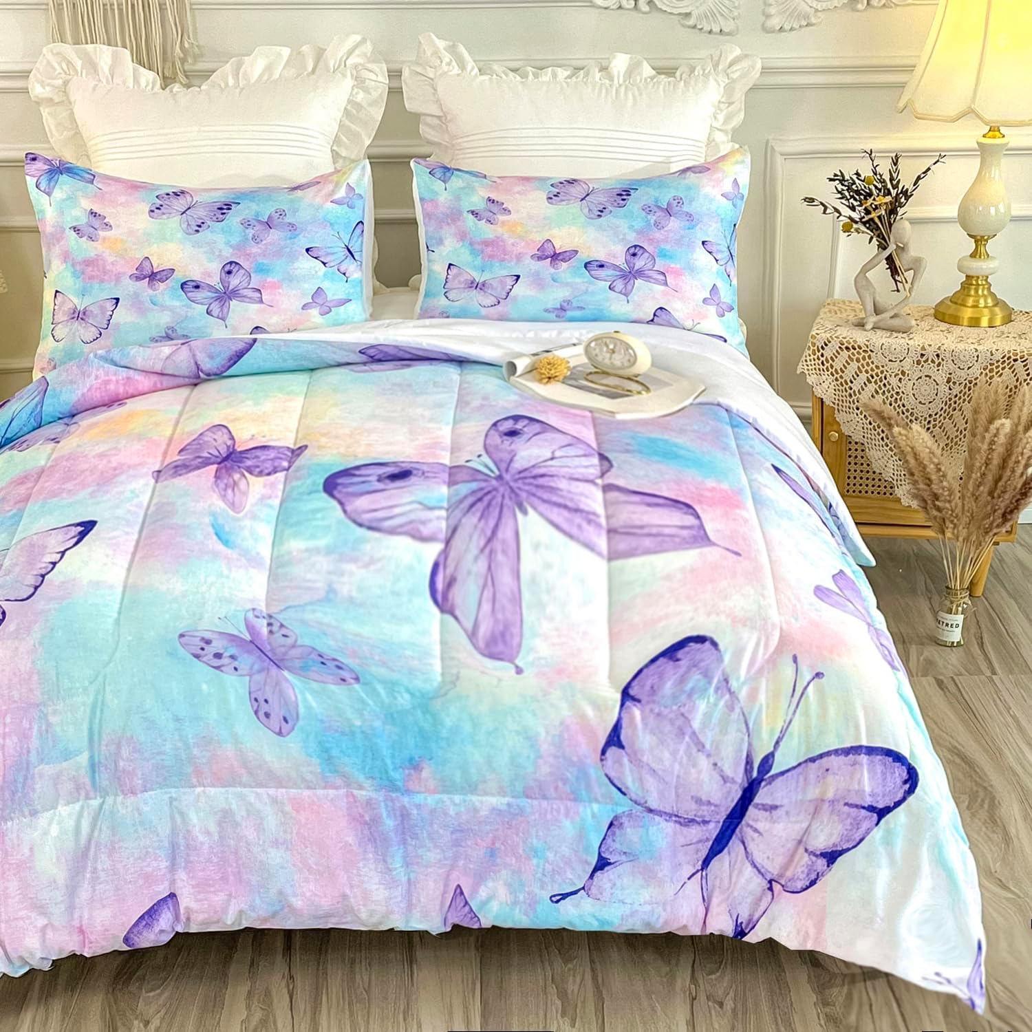 CVHOUSE Juego de edredón de mariposa individual para niñas y adolescentes. Juego de ropa de cama individual de mariposas, colcha de mariposas, juego