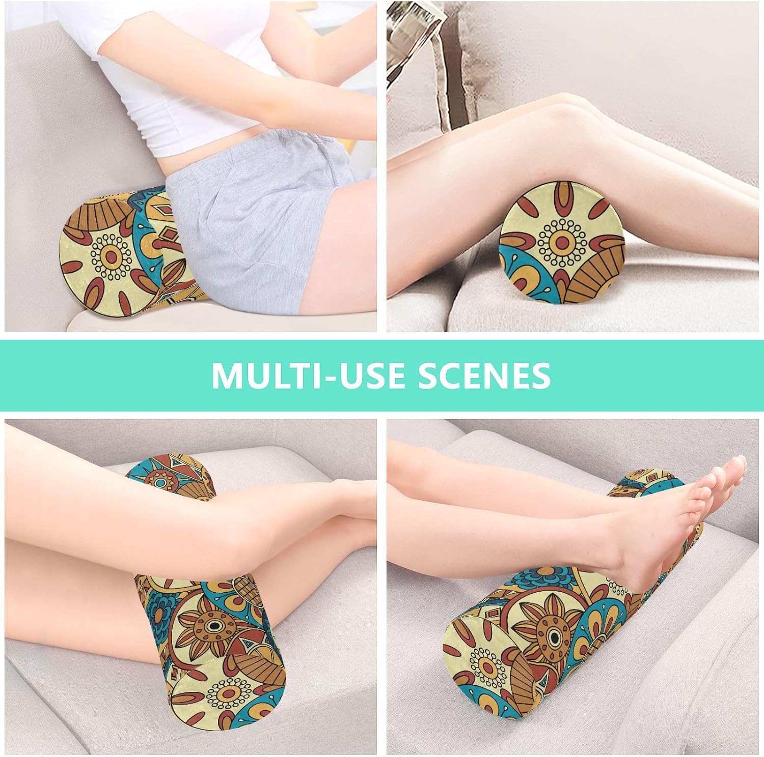 KLL Almohada redonda con diseño de flores abstractas y formas geométricas, almohada redonda para el cuello, almohada cilíndrica decorativa, fundas