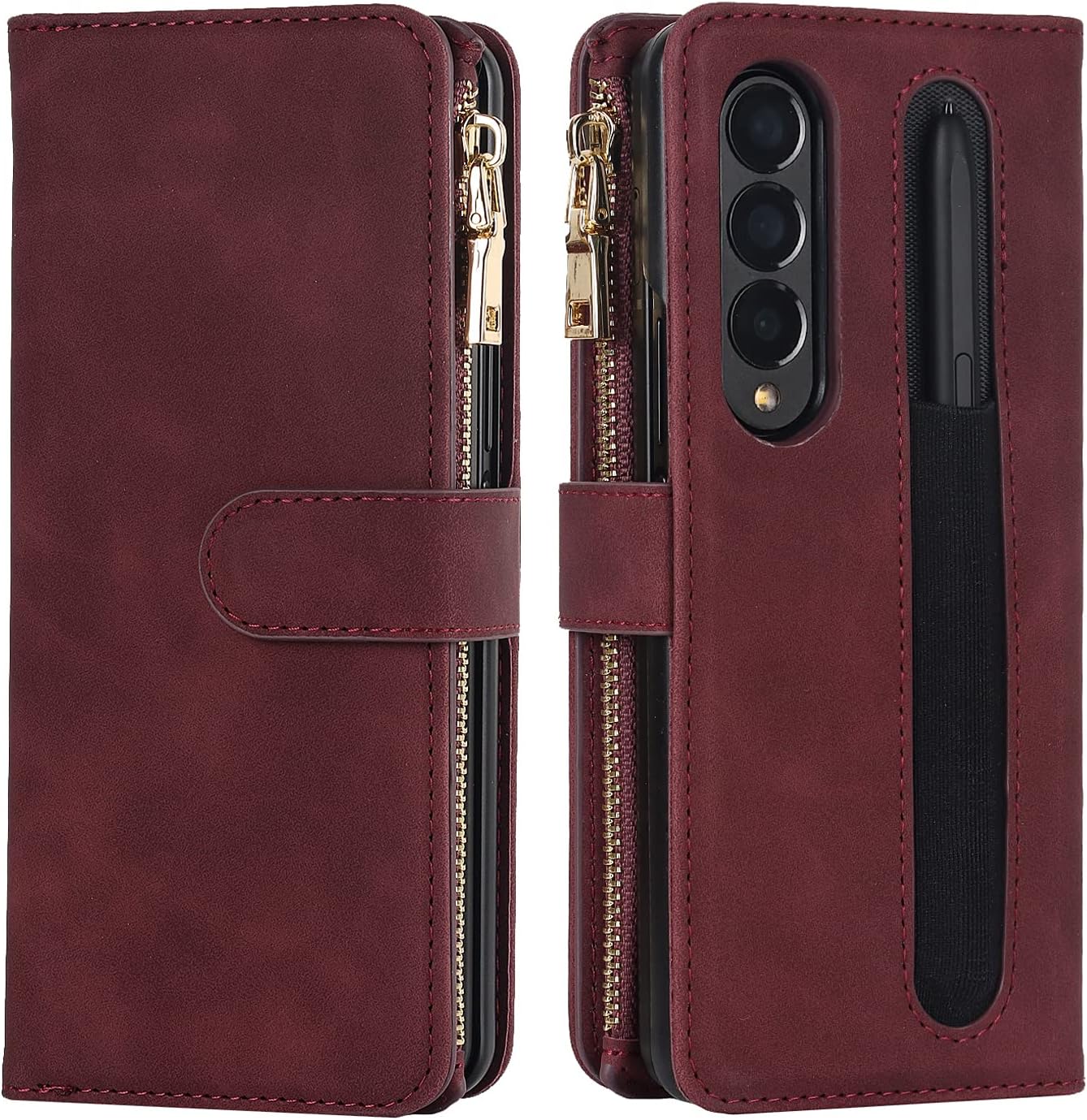 Funda para Galaxy Z Fold 4, funda tipo cartera con soporte para bolígrafo S, 9 tarjeteros, 1 billetera con cremallera, 2 ranuras para efectivo,