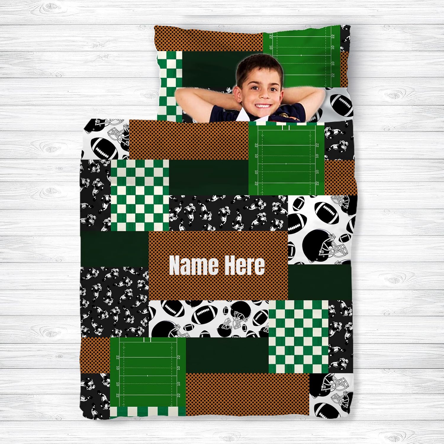 Juego de alfombrillas de rugby personalizadas con nombre, bolsas de dormir con diseño de retazos de fútbol para niños, colchón de cama personalizado
