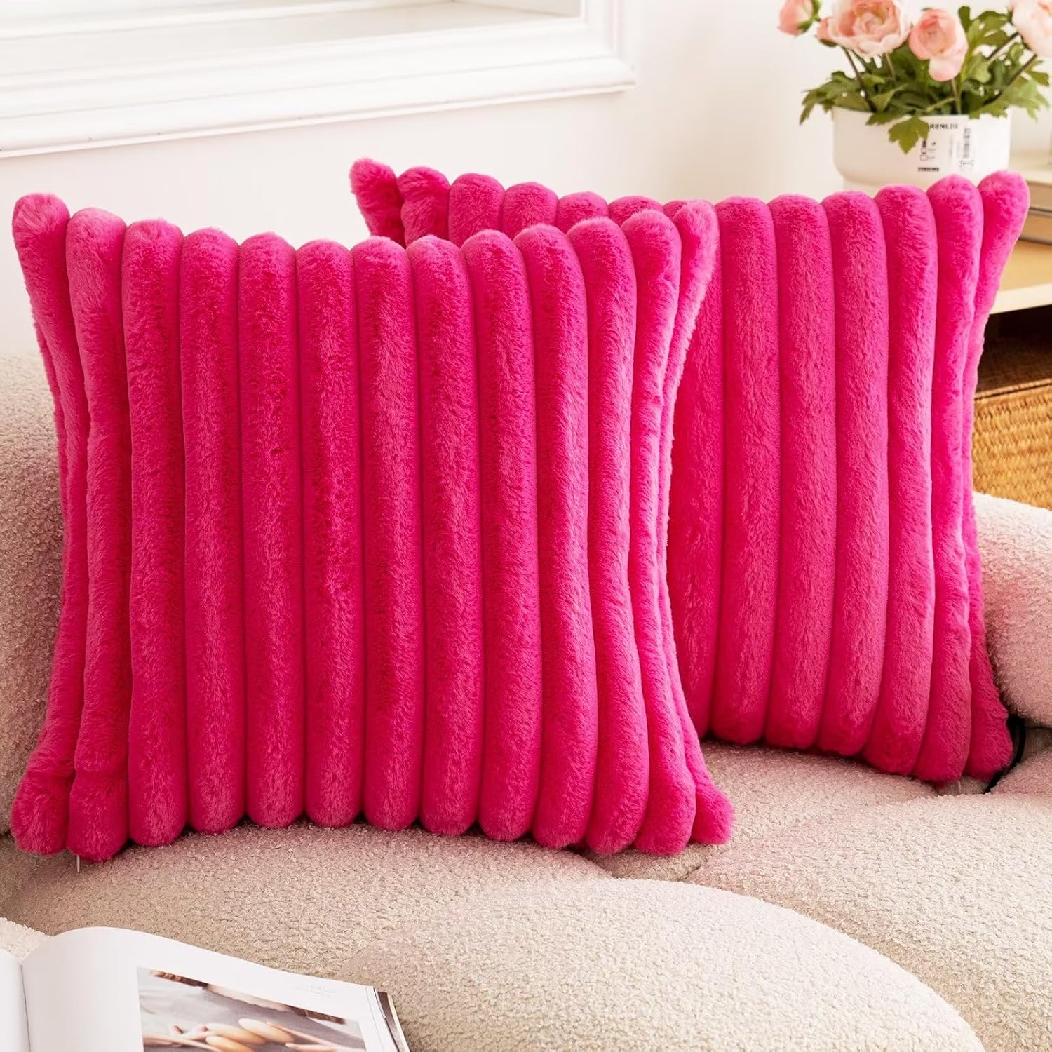 BAOLIZEGAO Juego de 2 fundas de almohada de felpa de pelo sintético de doble cara de 18 x 18 pulgadas, a rayas, suaves y acogedoras, fundas de cojín