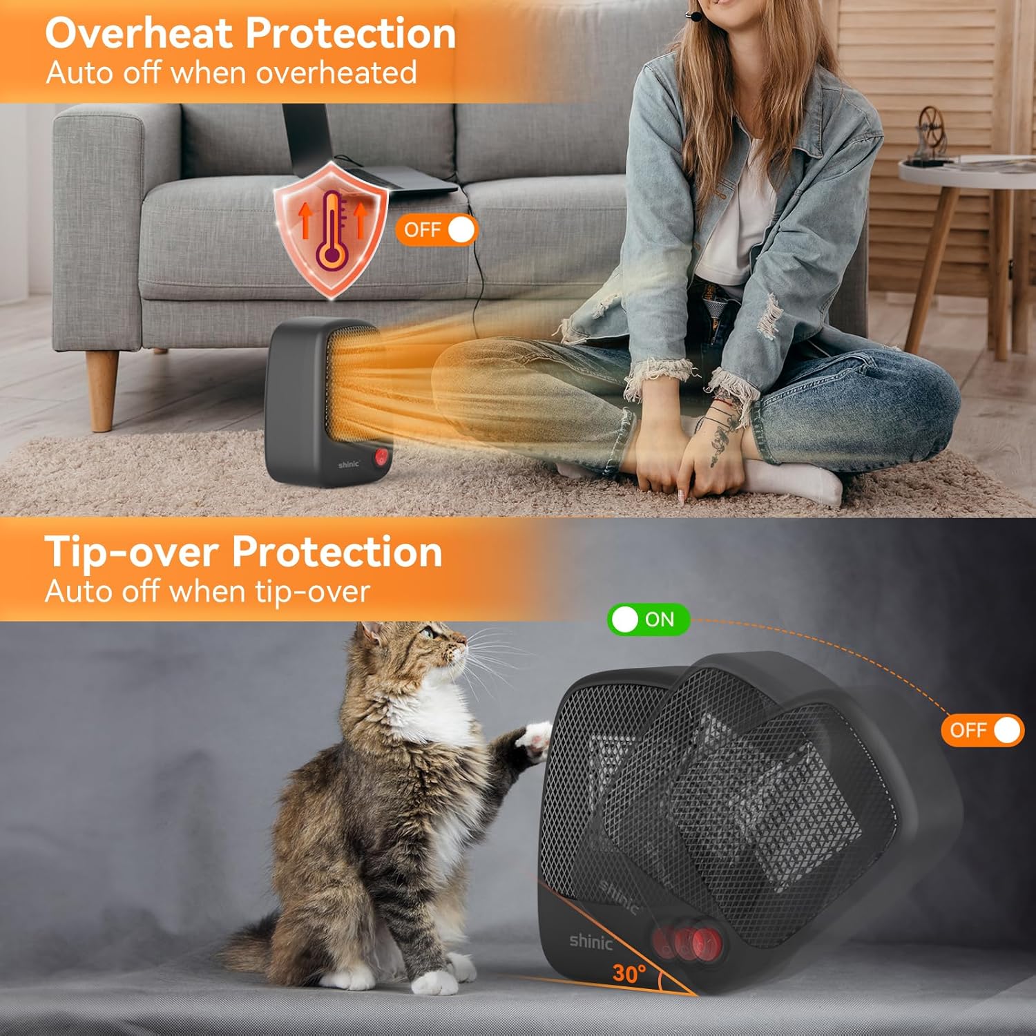 shinic Paquete de 2 mini calentadores personales de cerámica para espacios pequeños, calentador eléctrico portátil de 500 W para uso en interiores,