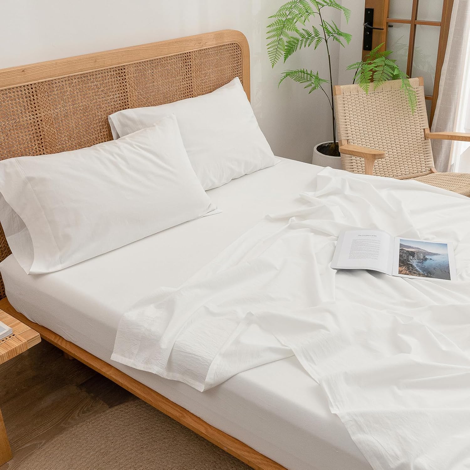 BESTOUCH Juego de sábanas 100% algodón lavado, tacto súper suave, cómodo, elegante, ligero, juego de ropa de cama de 4 piezas, color blanco hueso,