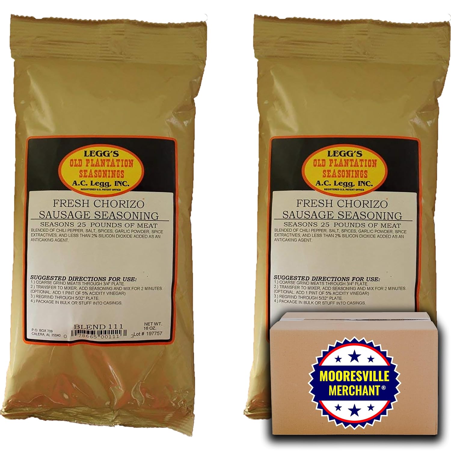 AC Legg Fresh Chorizo – Mezcla de condimentos para salchichas 111, 16 onzas, 2 bolsas con calcomanía Mooresville Merchant