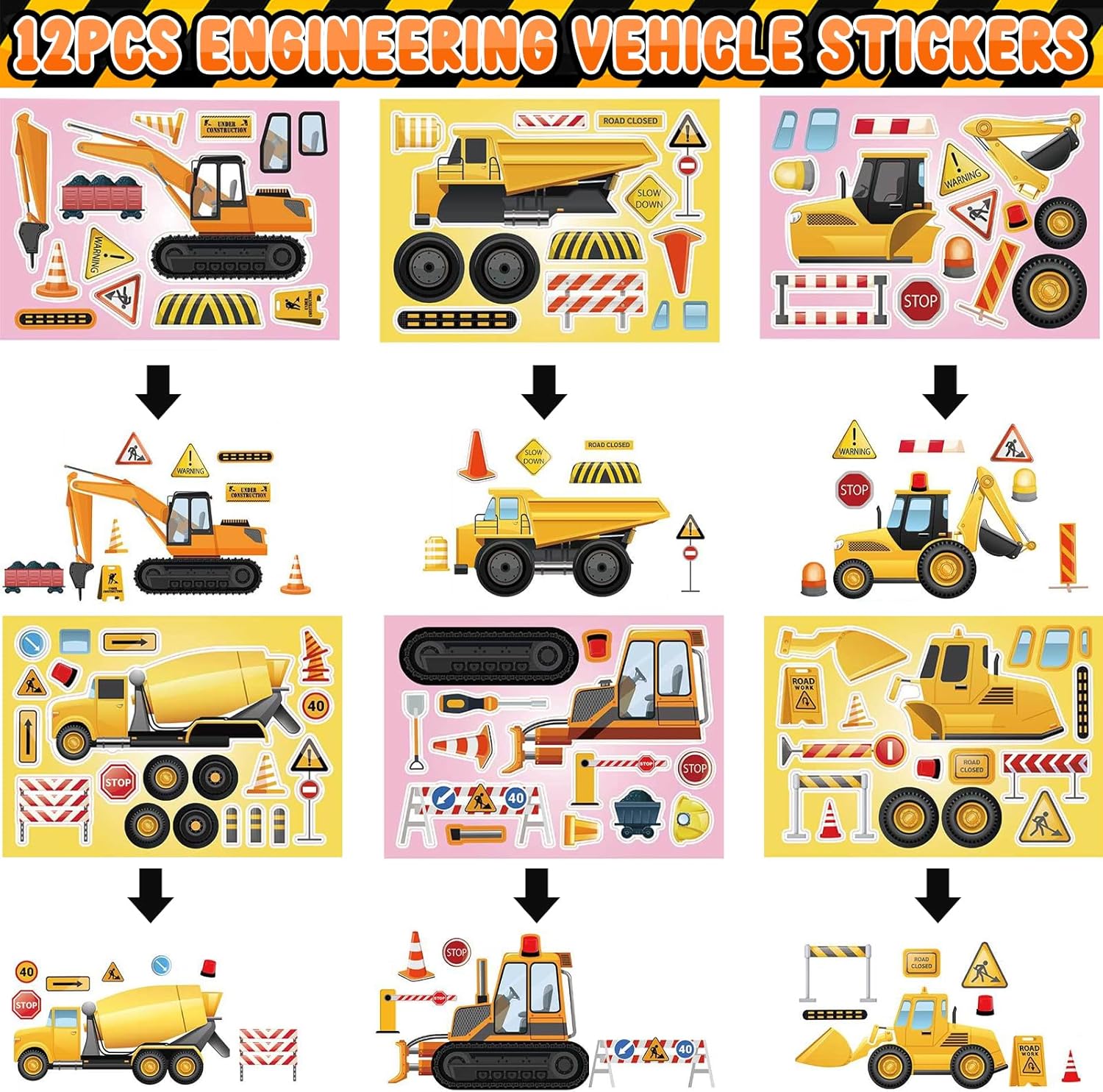 Recuerdos de fiesta de construcción, 122 piezas de bolsas de excavadora para excavadora, haz tus propias calcomanías de construcción, pulsera,