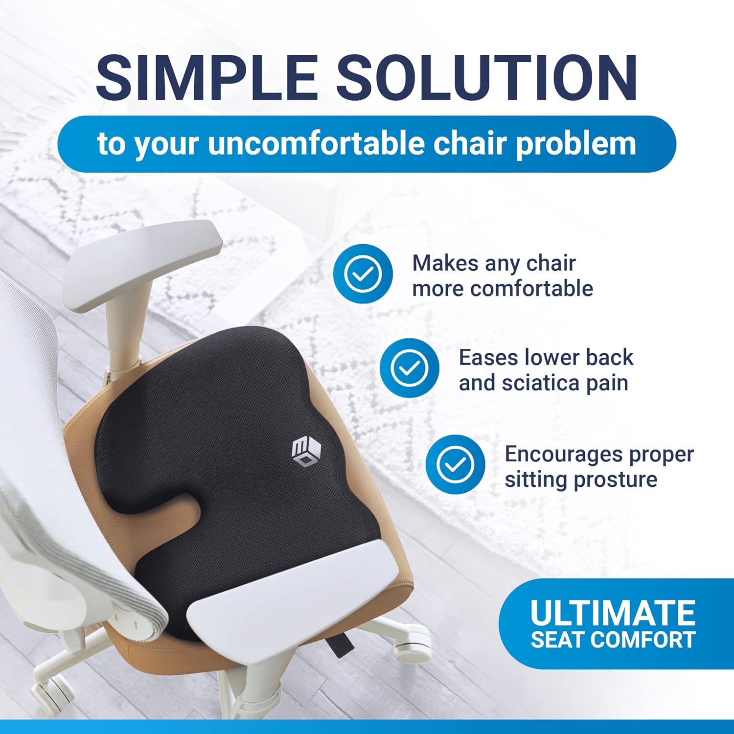 Cojín de asiento de espuma cómodo para aliviar el dolor de coxis, espuma viscoelástica ergonómica antideslizante para apoyo sentado todo el día,