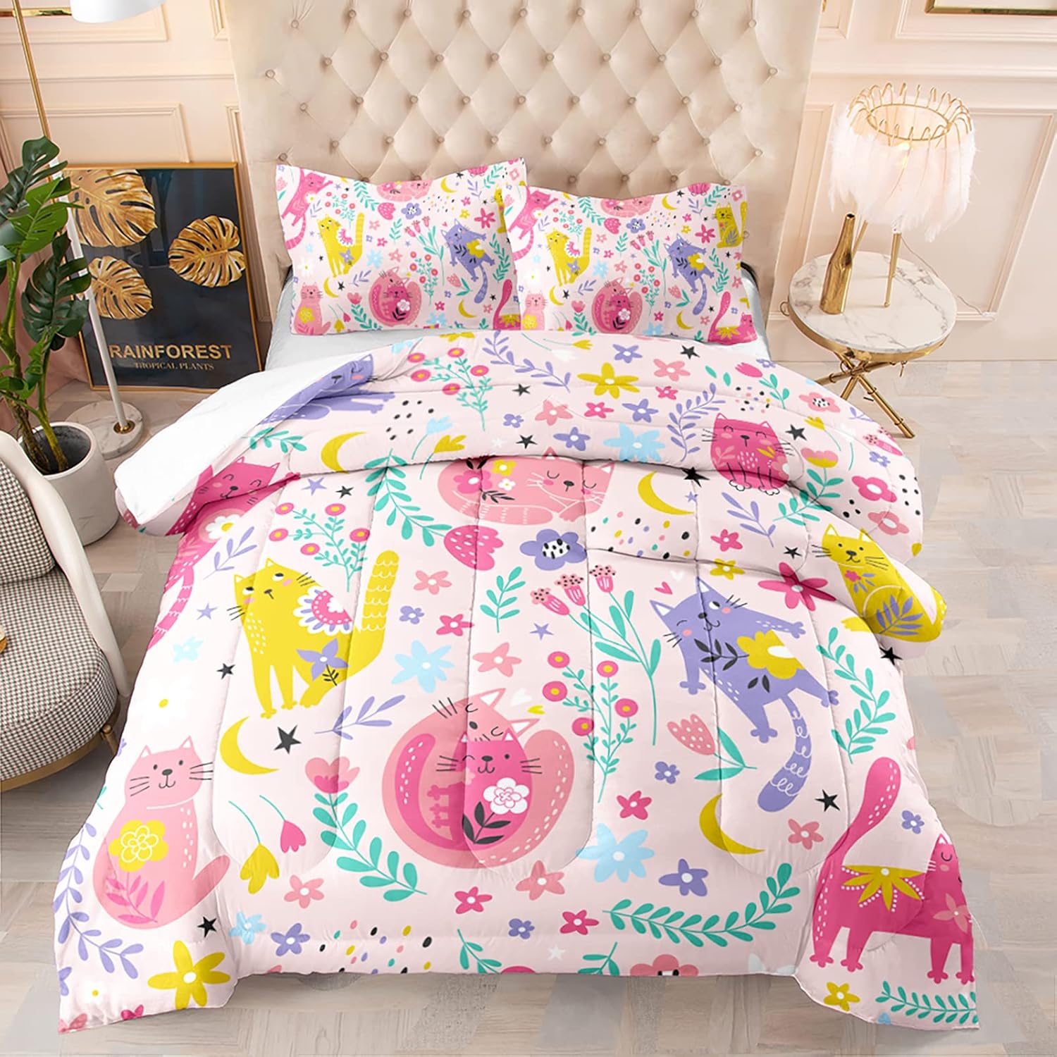 QOOMO Juego de edredón floral de gato tamaño Queen, juego de edredón de gato rosa para niños, adolescentes y niñas, juego de ropa de cama de 3