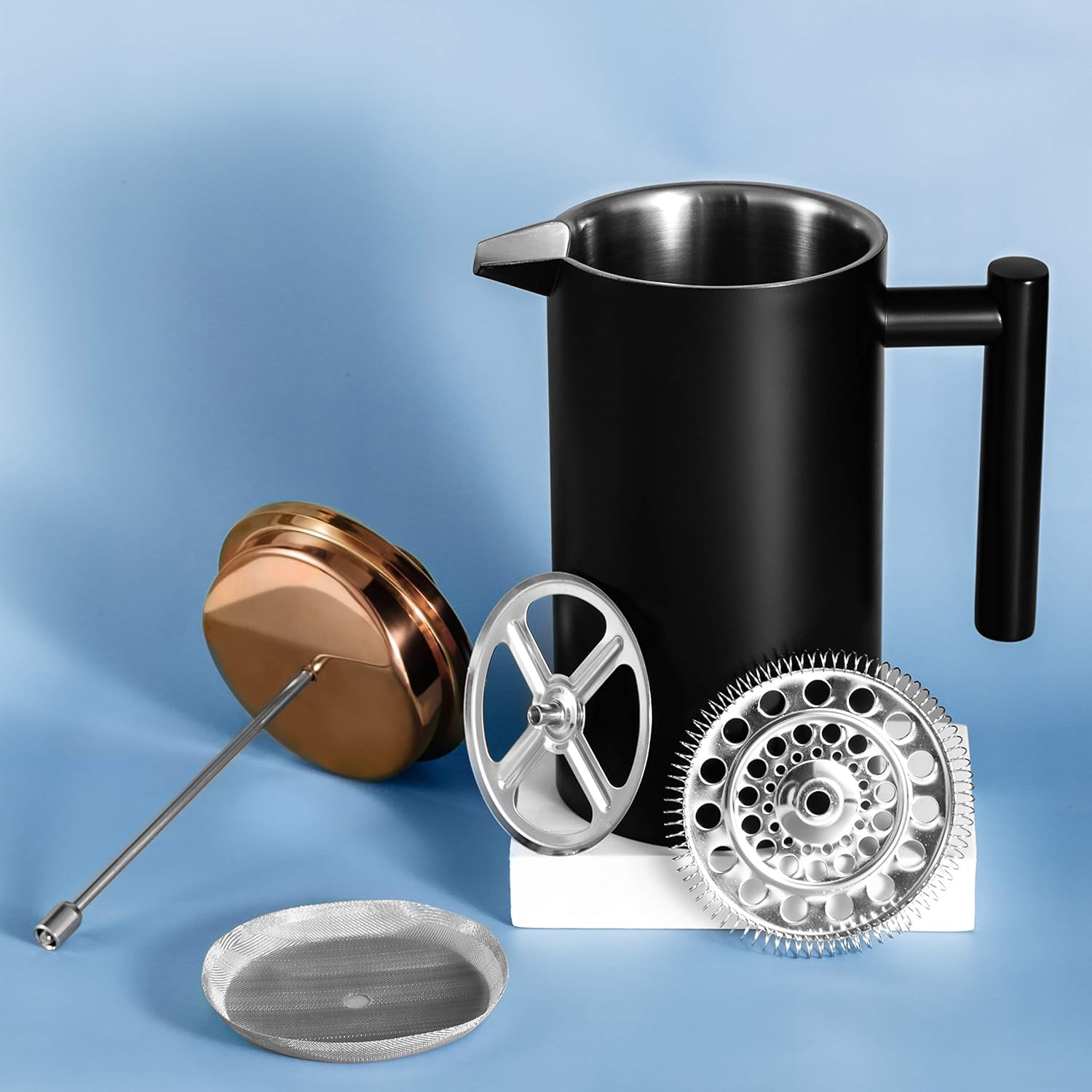 Meelio Cafetera de prensa francesa negra de 12 onzas, prensa de café aislada de doble pared de acero inoxidable con tapa de metal oro rosa, incluye
