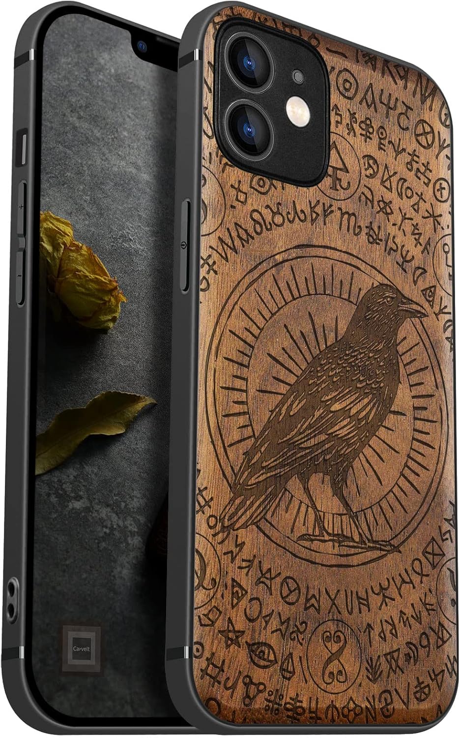 Carveit Funda magnética de madera para iPhone 12 madera natural y TPU suave negro a prueba de golpes, funda protectora única y elegante de madera