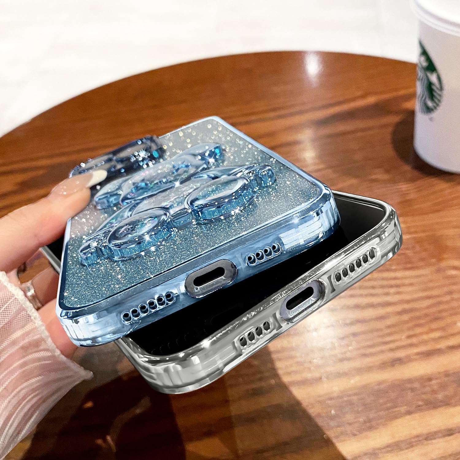 MANLENO Funda galvanizada con diseño de oso 3D para iPhone 15 Pro Max para mujer, funda protectora de cuerpo completo con purpurina flotante y