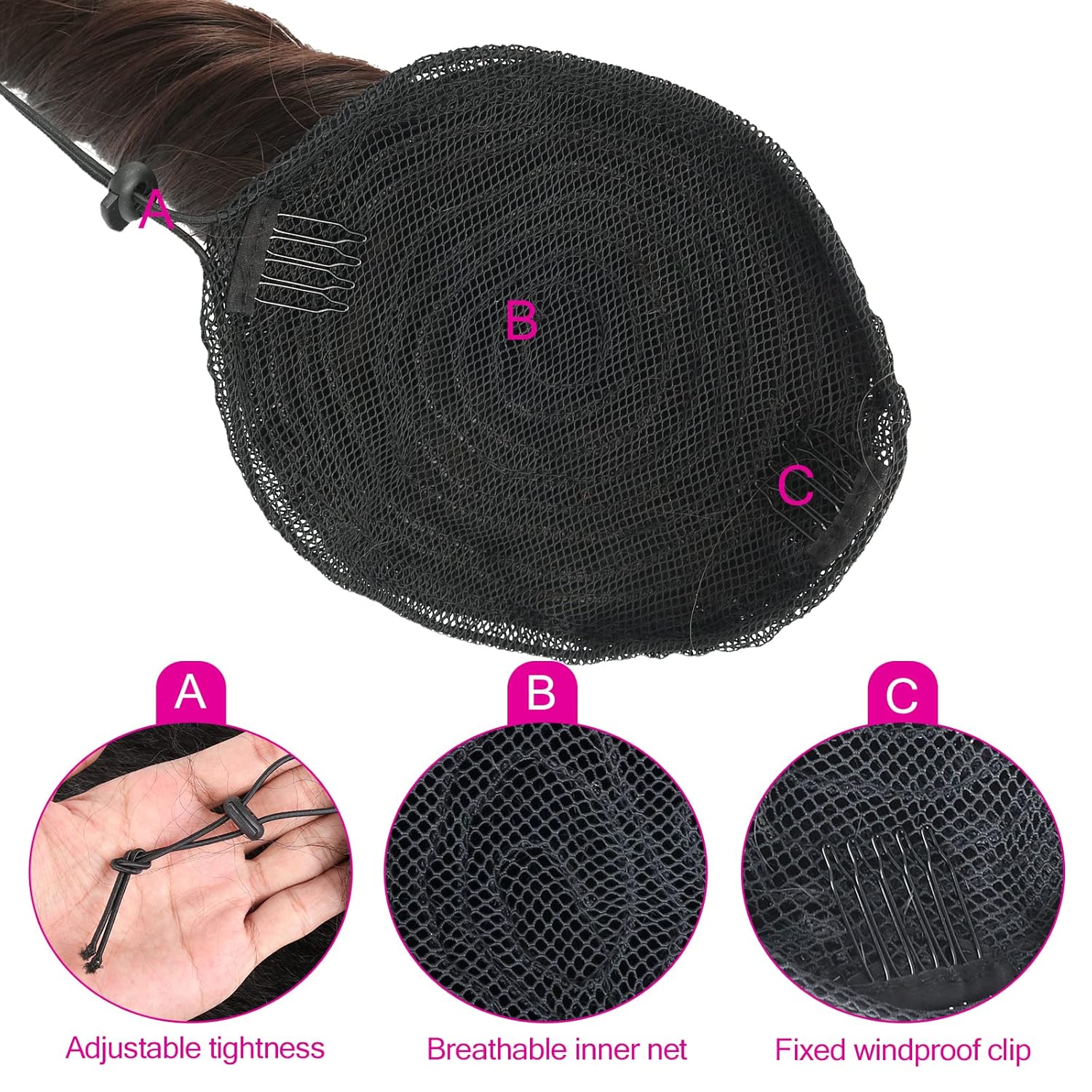 Oseti Extensión de cola de caballo rizada de 14 pulgadas, extensiones de cabello sintético corto ondulado marrón con cordón para mujer, extensiones