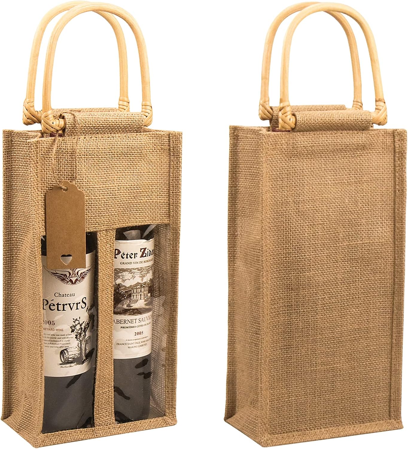DIWNELEM Paquete de 2 bolsas de regalo de vino de arpillera con ventana, bolsas de vino de yute con calcomanías, bolsas de arpillera para botellas