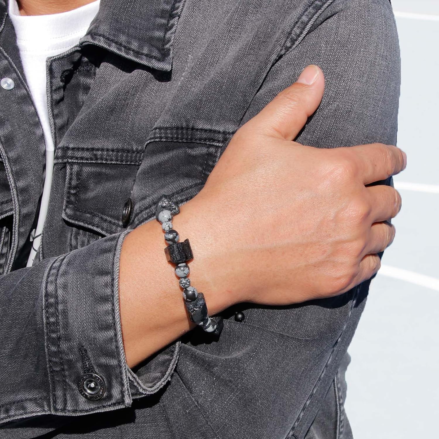 Mens Healing Crystal Tourmaline Bracelet – Black Tourmaline Snowflake Obsidian Beaded Bracelets Fathers Day Graduation Gifts, Mens Chakra Gemstones