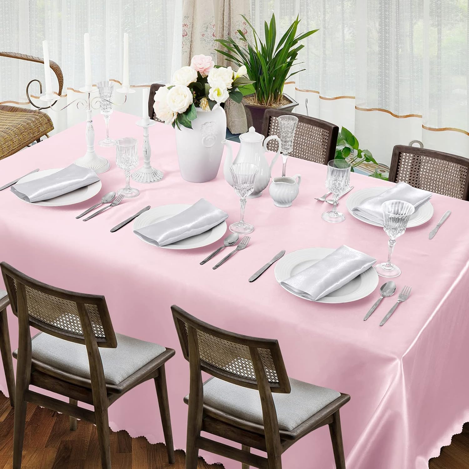 Mantel rectangular de satén rosa de 60 x 120 pulgadas, mantel festoneado (1 paquete), mantel rectangular de satén oblongo, resistente al agua,