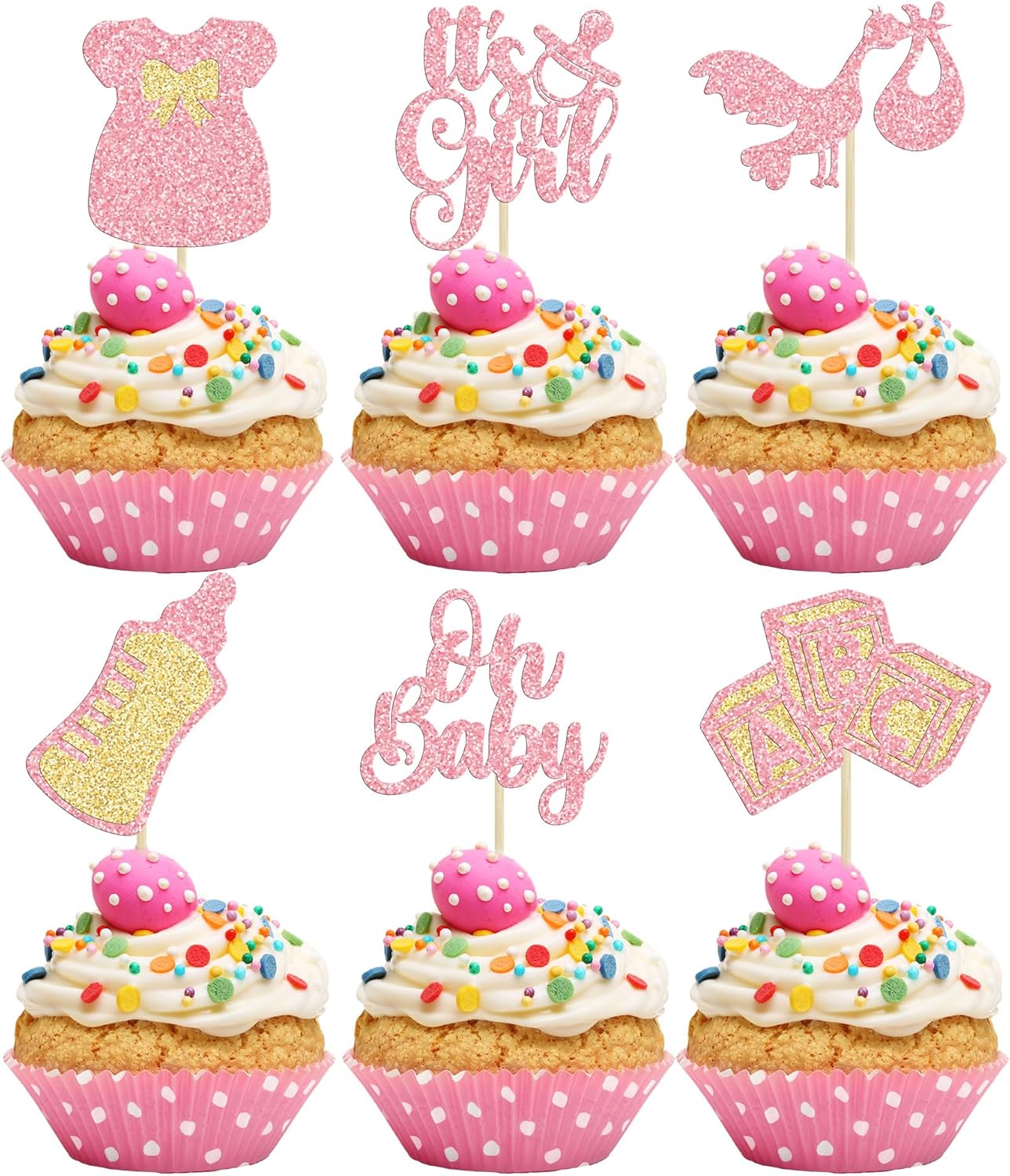 Gyufise 24 adornos para cupcakes Oh Baby Glitter It’s a Girl Cupcake Picks Bow Dress Baby Shower Baby Shower Cake Decor para revelación de género