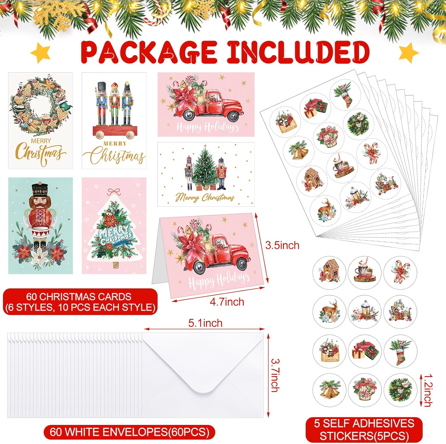 Colarr 60 juegos de tarjetas navideñas con sobres y calcomanías, tarjetas de notas festivas de Navidad, cascanueces, tarjetas de felicitación,