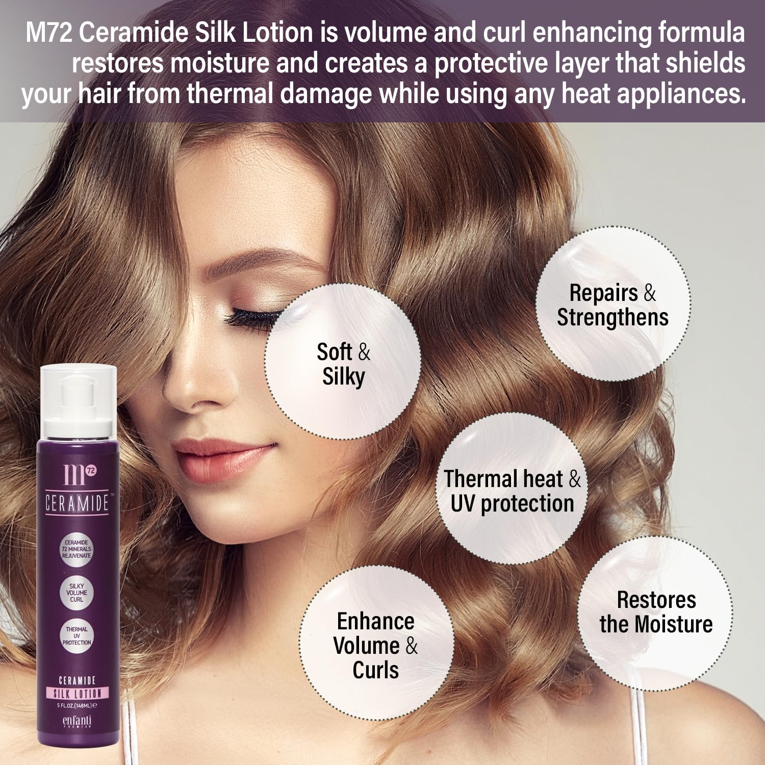 M72 Ceramide Hair Silk Lotion – 5 onzas, 72 minerales, 13 extractos de hierbas orgánicas, reparan el cabello dañado, crean un cabello suave y sedoso