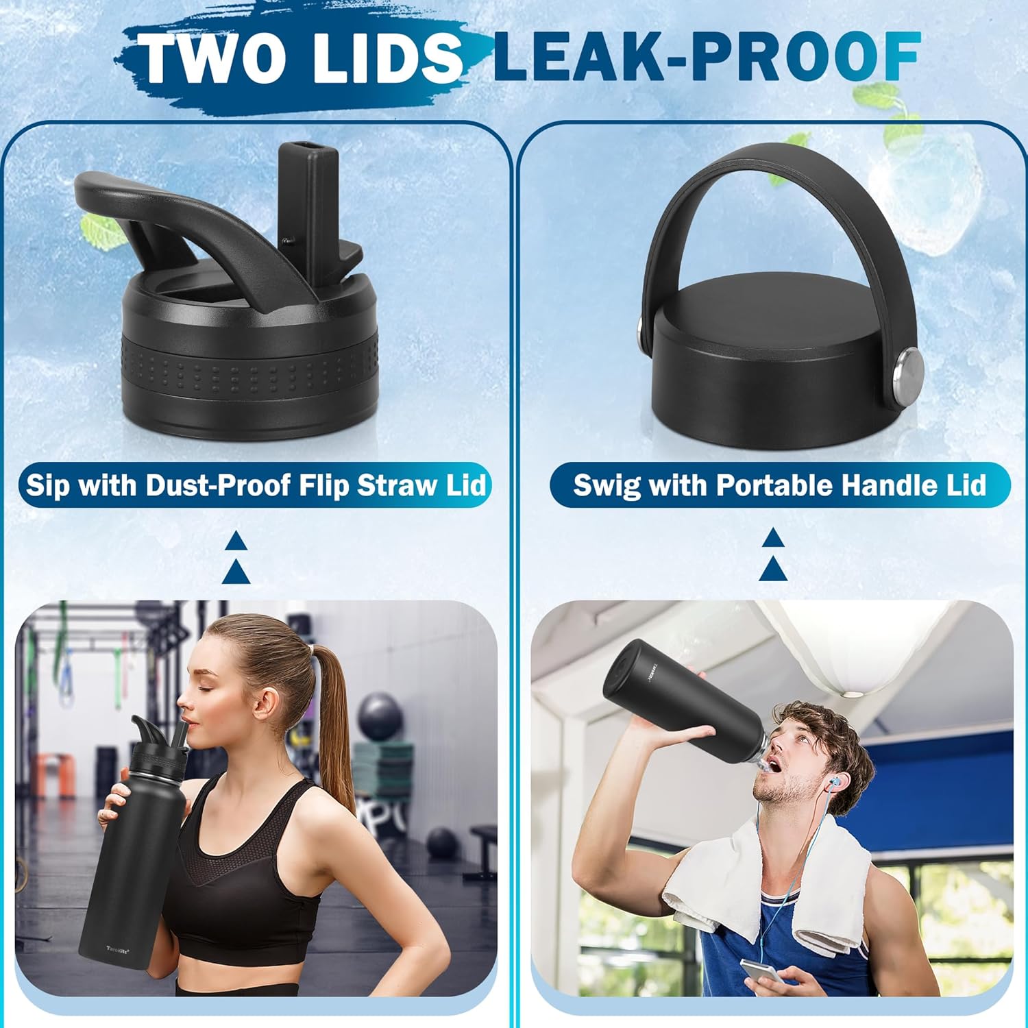 TaroKitc Botellas de agua aisladas de 64 onzas con popote, 2 tapas, botella de agua deportiva de acero inoxidable aislada al vacío de medio galón,