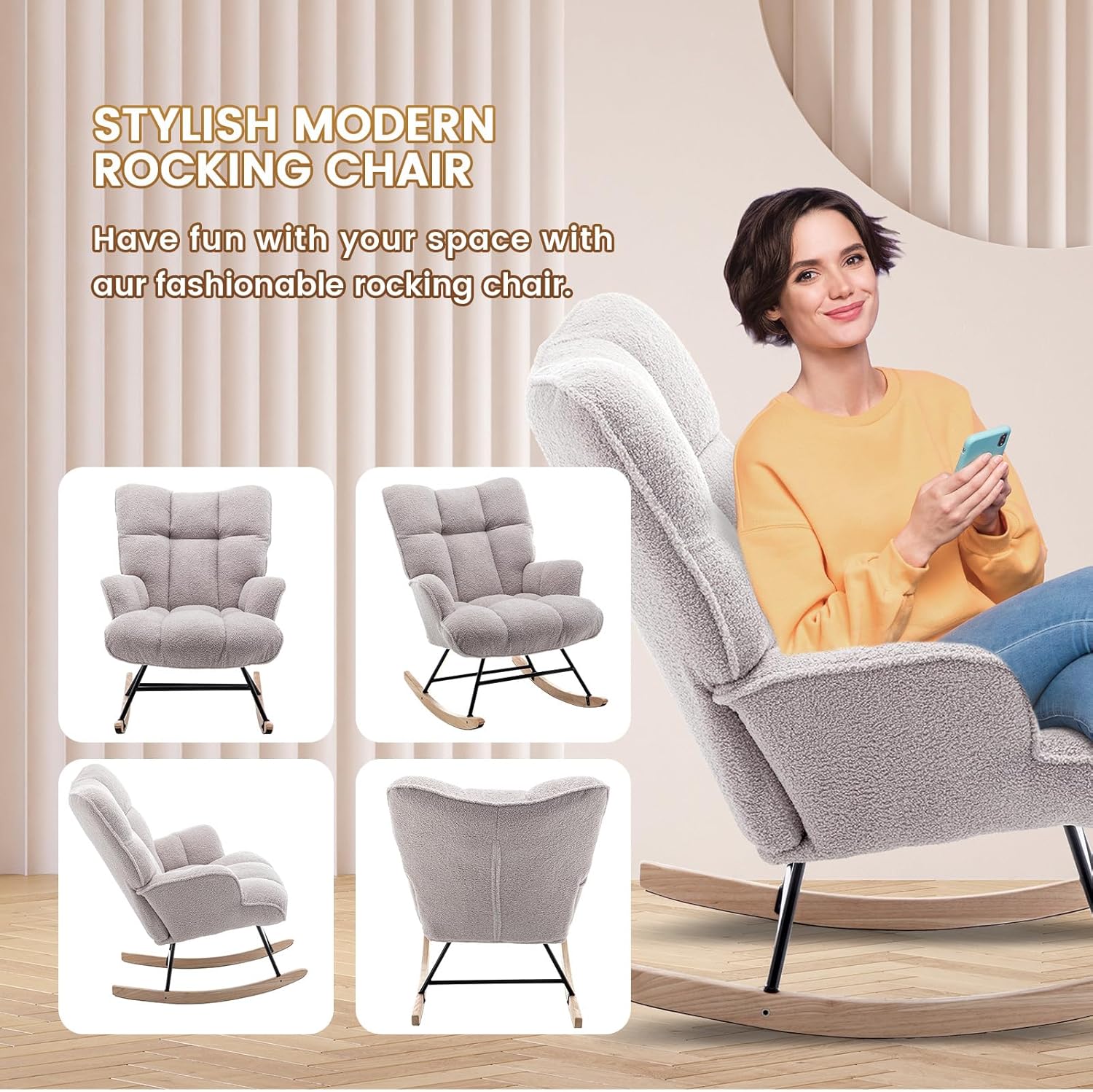 Mecedora tapizada con respaldo alto, cómodo y elegante sillón con asiento acolchado para salas de estar, dormitorios grises, oficinas, gris