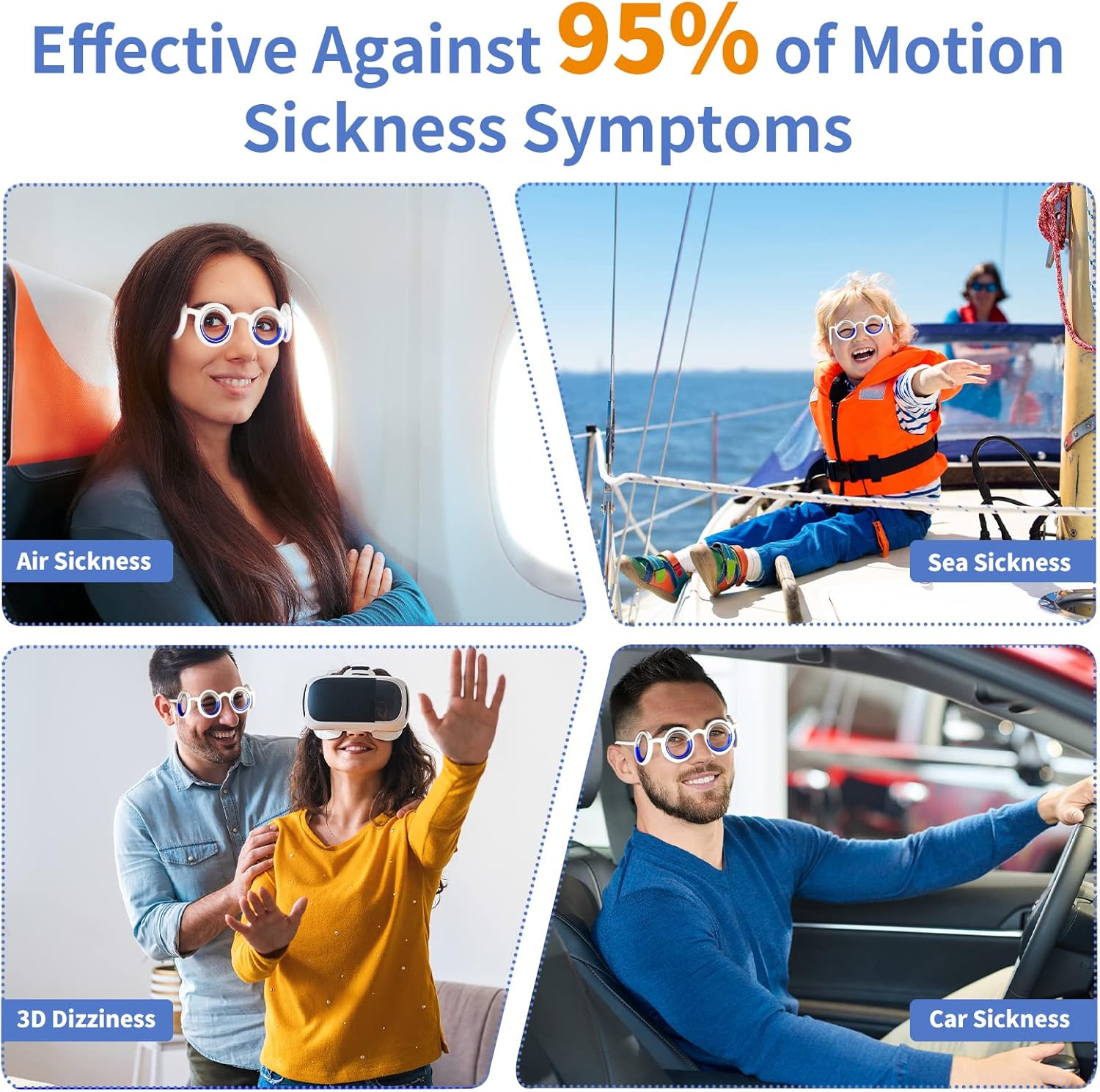 Gafas para mareo por movimiento, gafas para enfermedad de automóvil, aliviar el mareo, mareo y mareo, gafas antináuseas y vértigo, sin lentes