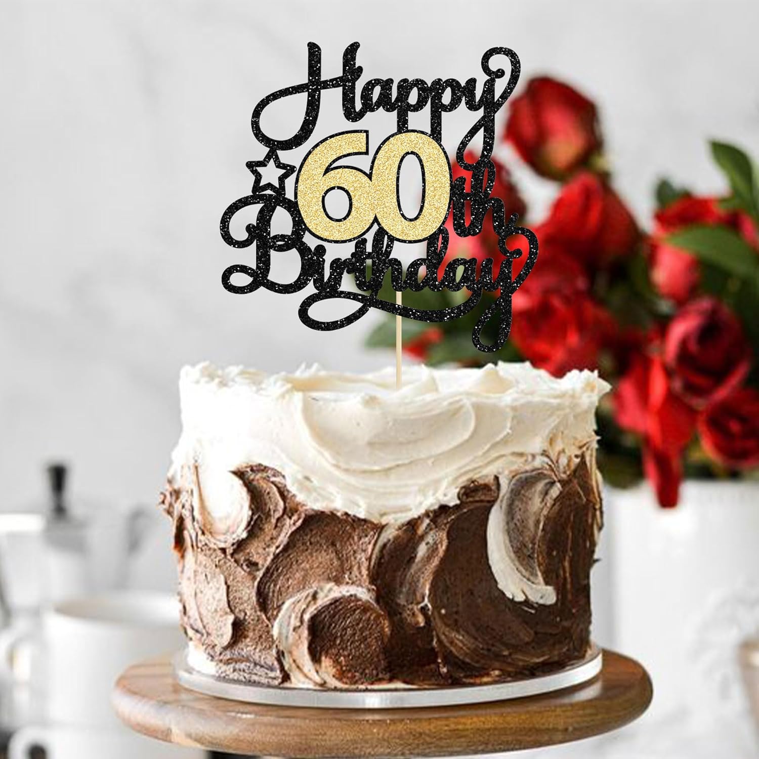 1 pieza de decoración para pastel de cumpleaños 60, color negro y dorado con purpurina para 60 años, selección de pastel de 60 años, decoración