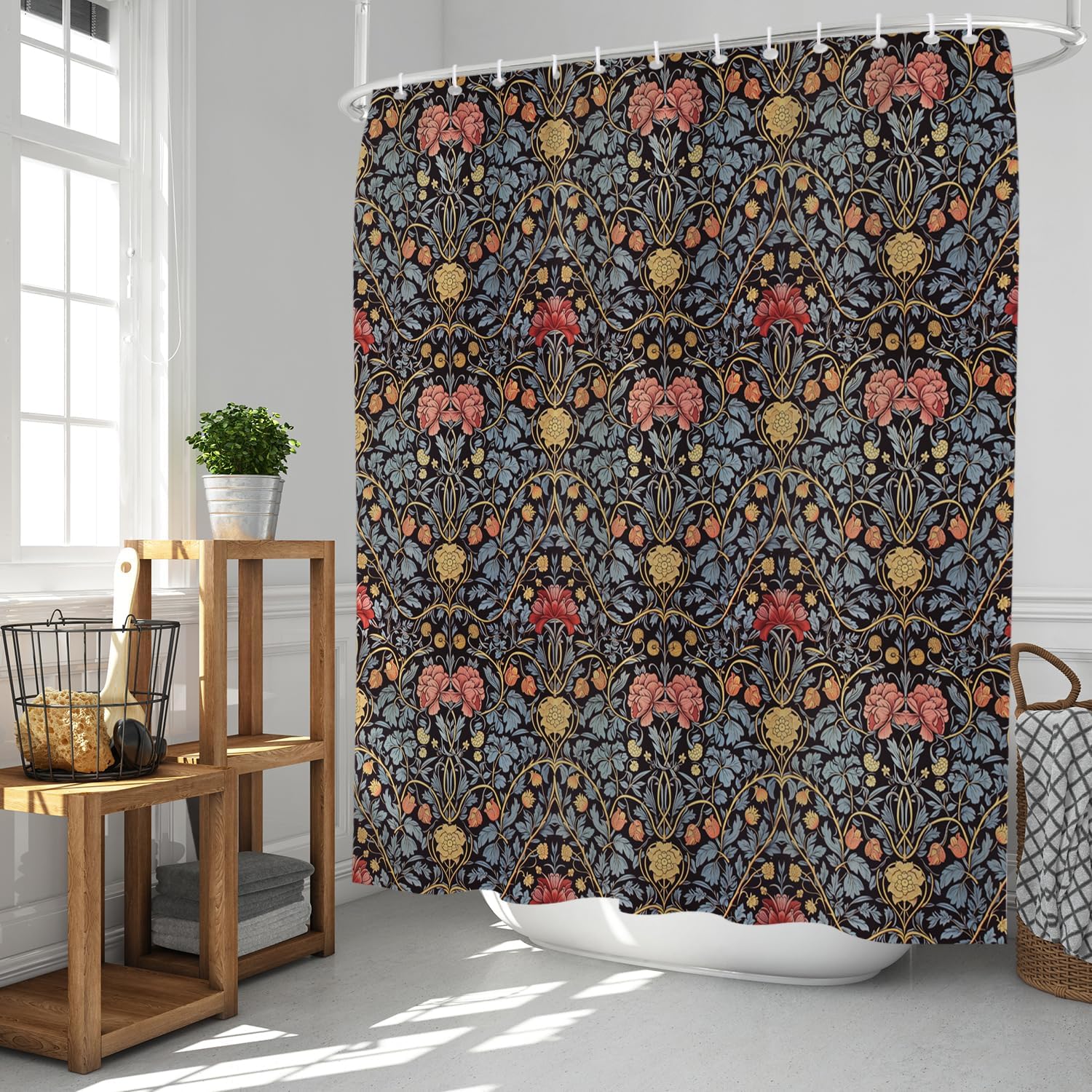 William Morris Vintage Floral Shower Curtain,BluePinkYellow Flower Shower Curtain Sets for Bathroom with 12 Hooks,Farmhouse Waterproof Shower