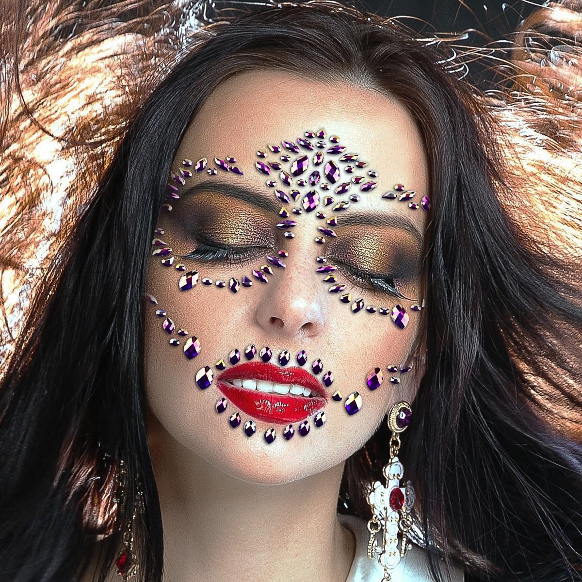 Calcomanías de tatuaje de calavera de azúcar con diamantes de imitación para Halloween, joyas para la cara, gemas para el Día de los Muertos, kit de