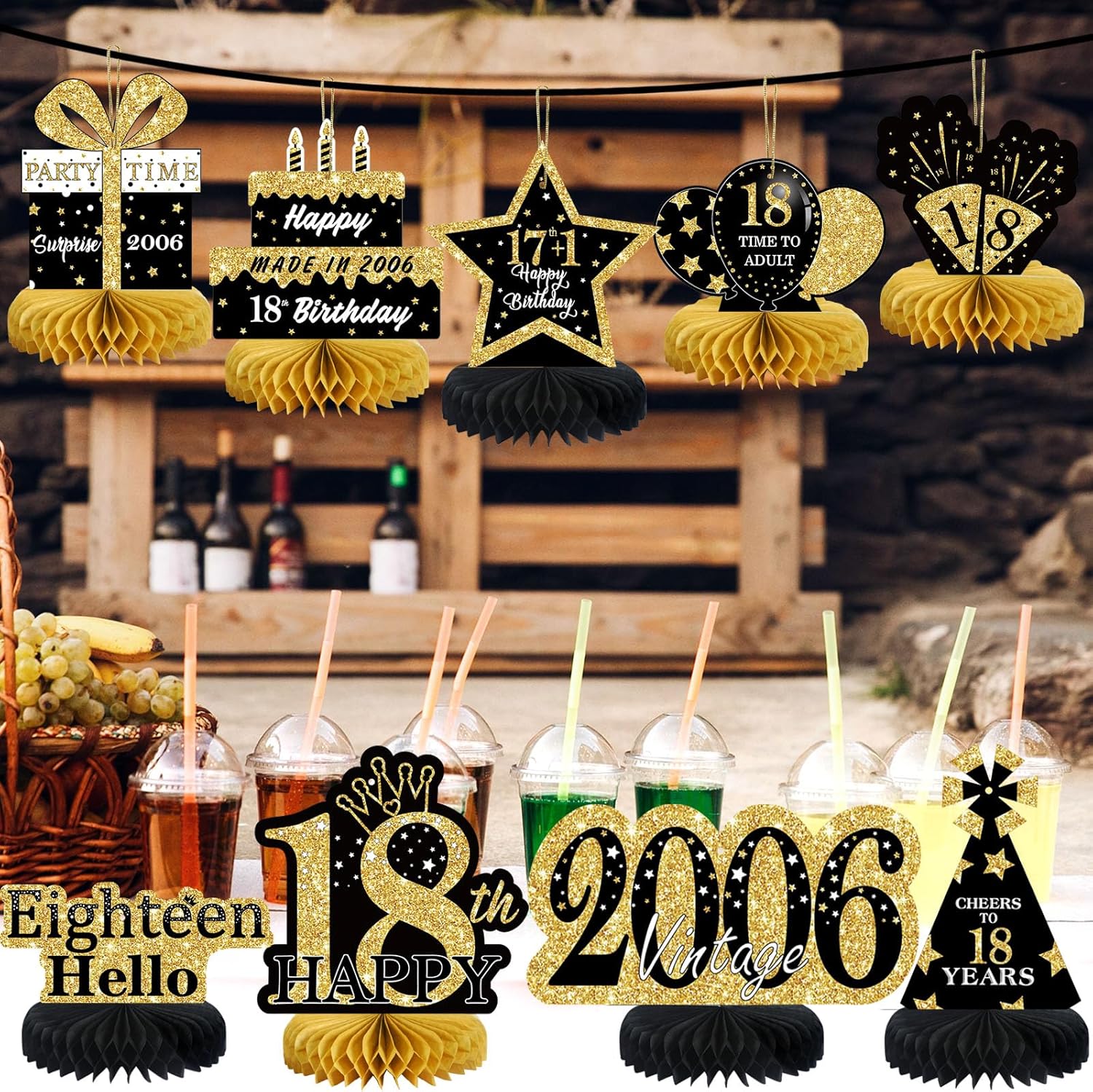 9 piezas de decoración de cumpleaños negro dorado 18 centros de mesa de panal para niños y niñas, centros de mesa de feliz cumpleaños 18,