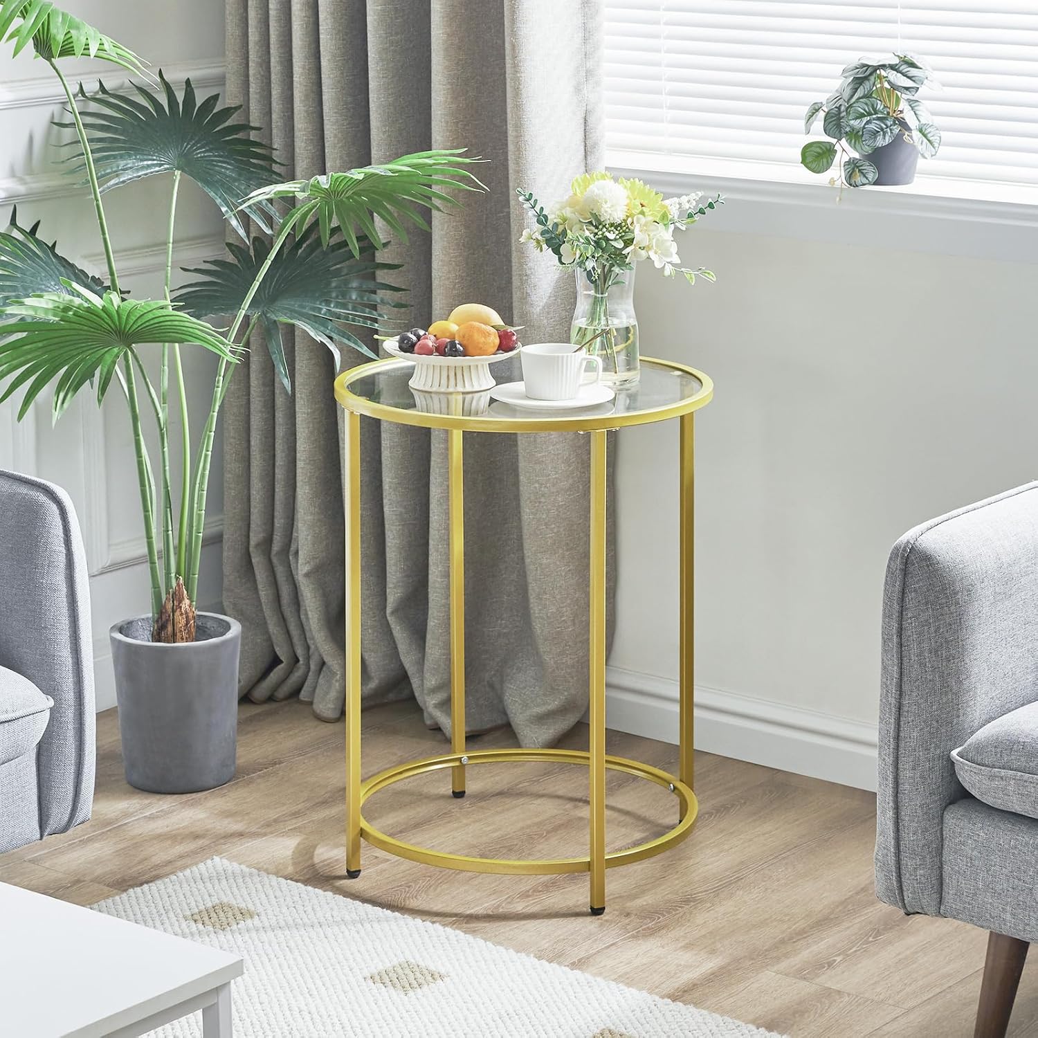 YMYNY UHGD020G – Mesa auxiliar redonda de vidrio templado, mesa auxiliar dorada para oficina, dormitorio, sala de estar, marco de metal, decoración