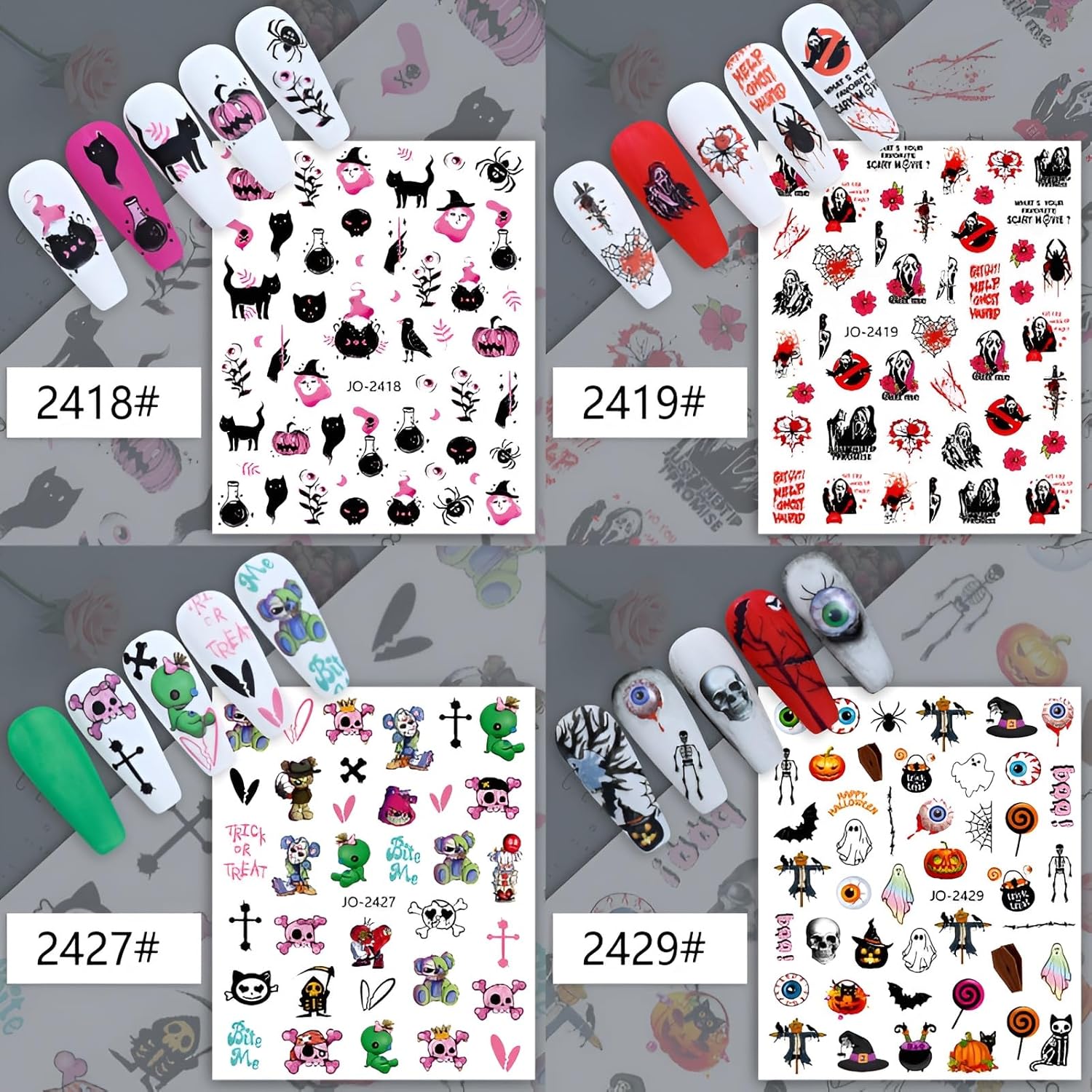 8 hojas de calcomanías de arte de uñas de Halloween, diseño de calavera rosa, fantasma, araña, calabaza, calabaza, suministros de arte de uñas,