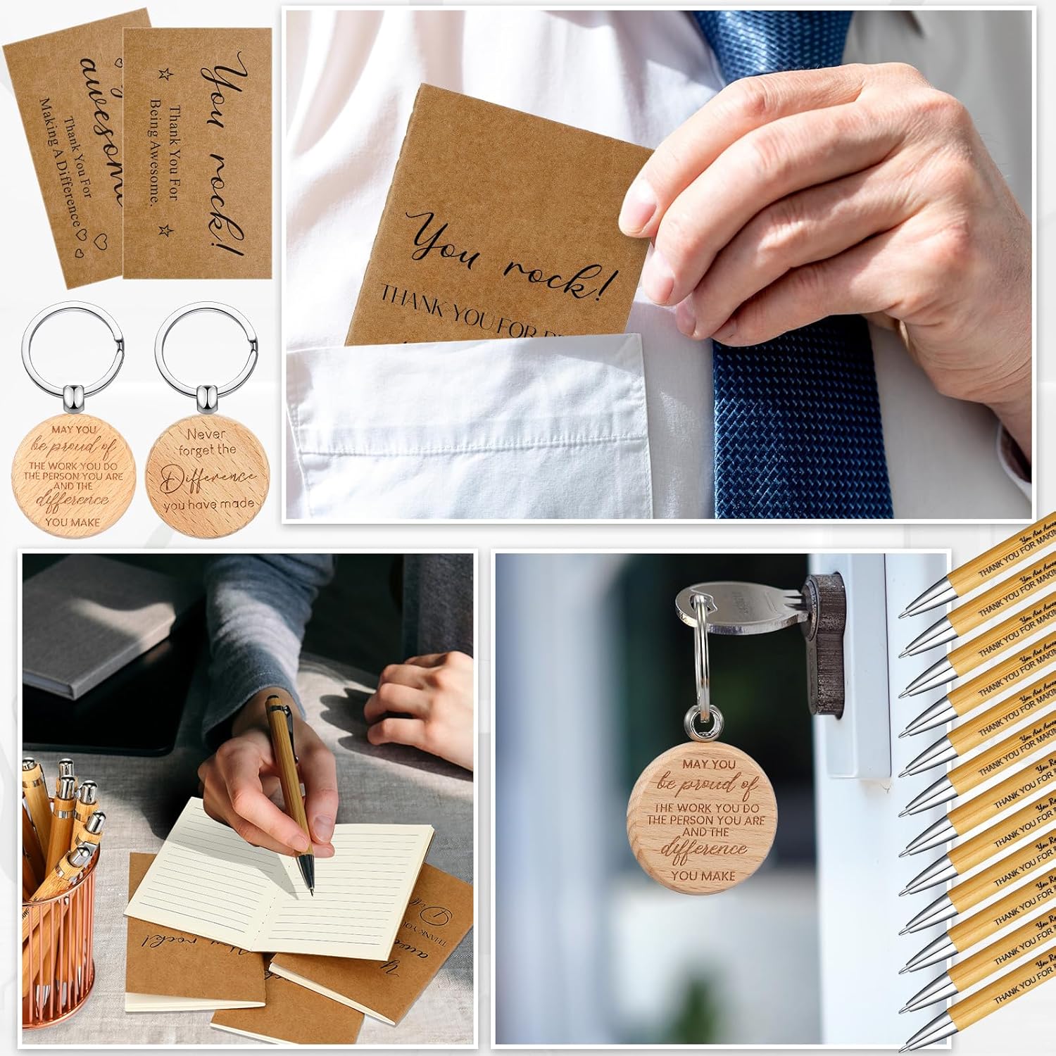 SATINIOR Regalos de agradecimiento para empleados, bolígrafos retráctiles de bambú retráctiles, llaveros inspiradores de madera, cuadernos de papel